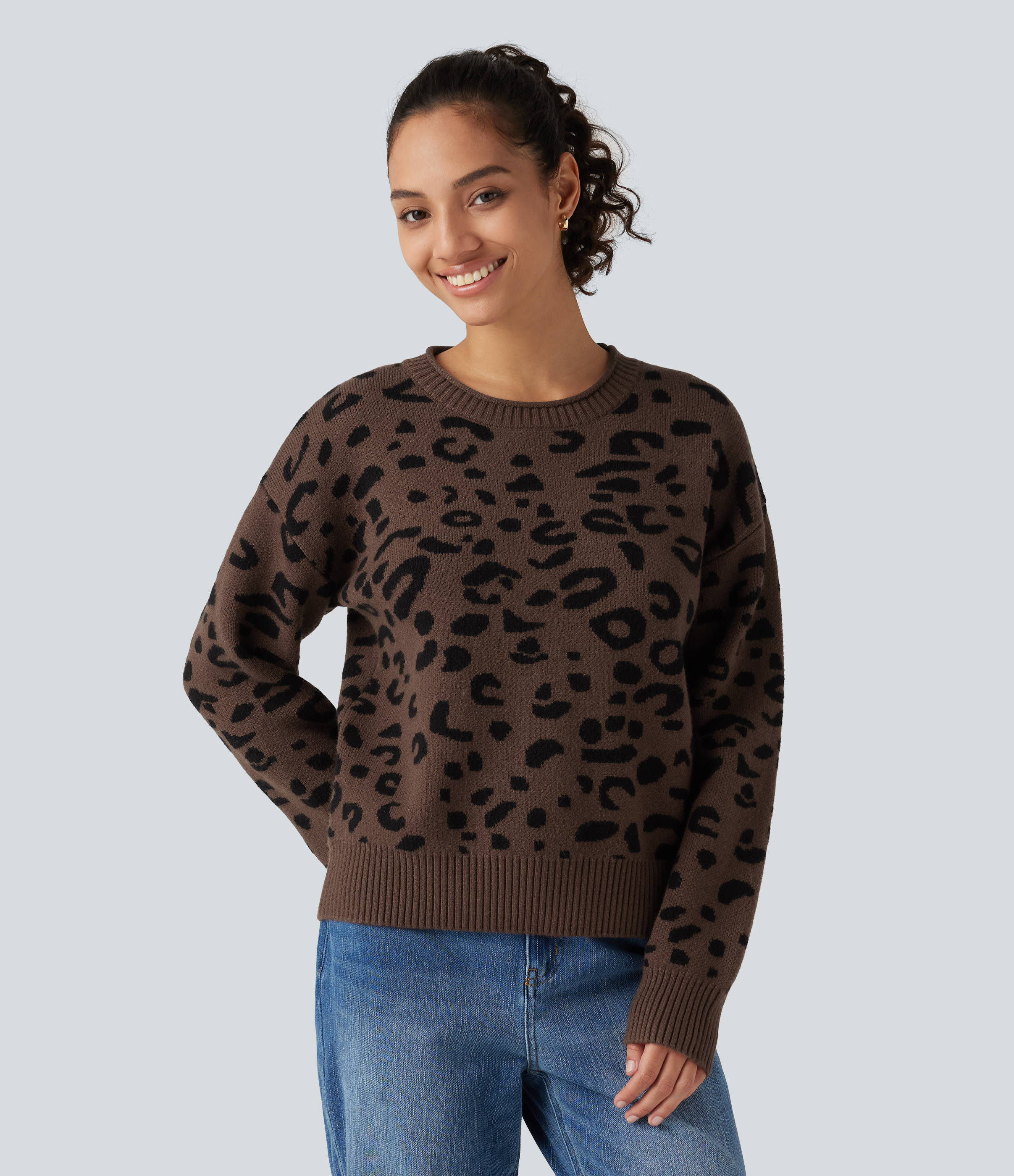Round Neck Leopard Print Long Sleeve Casual Sweater