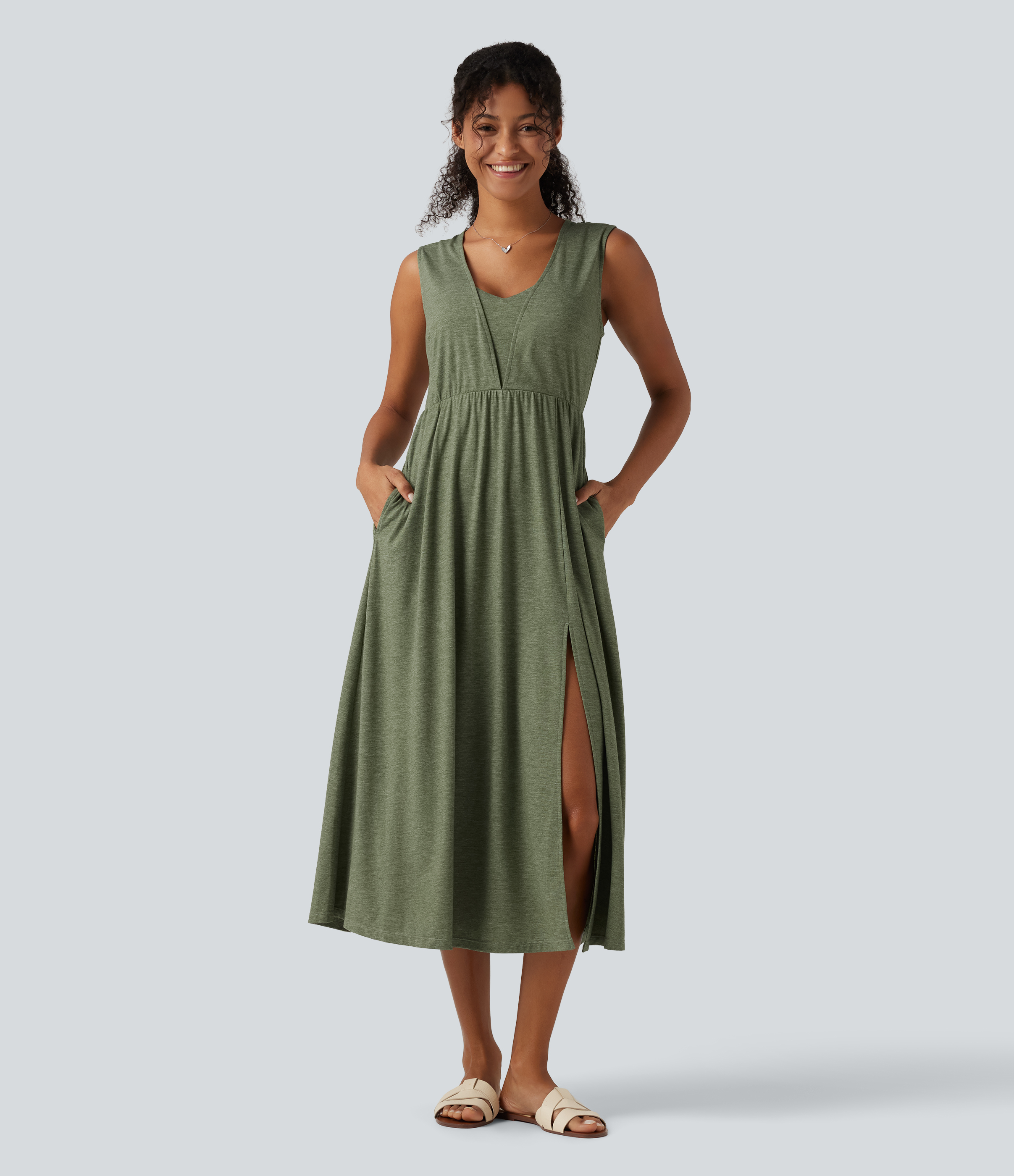 V Neck Sleeveless Split Midi Casual Dress with Pockets