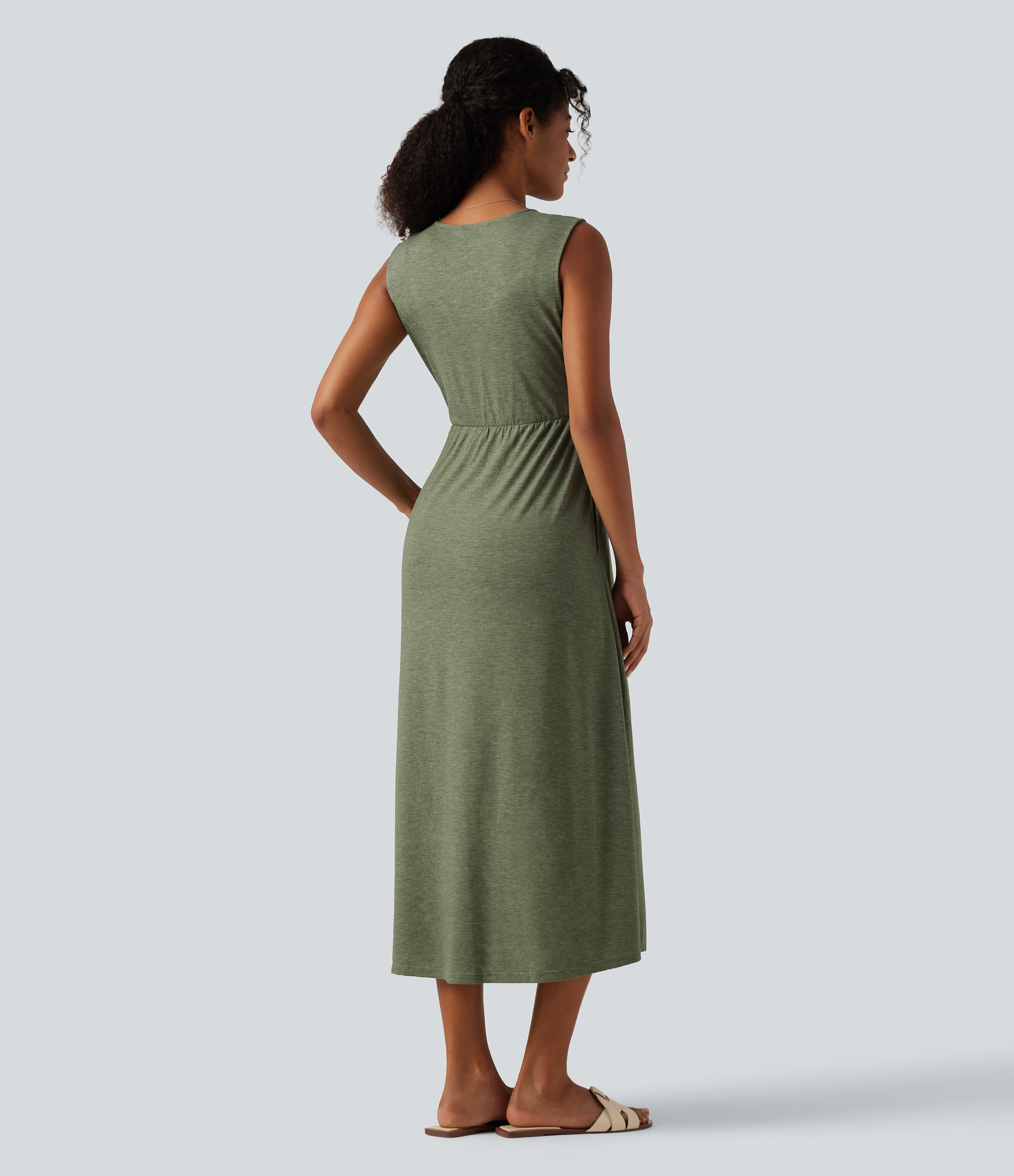 Light Green Floral Yarn V Neck Sleeveless Split Midi Casual Dress with Pockets / 2