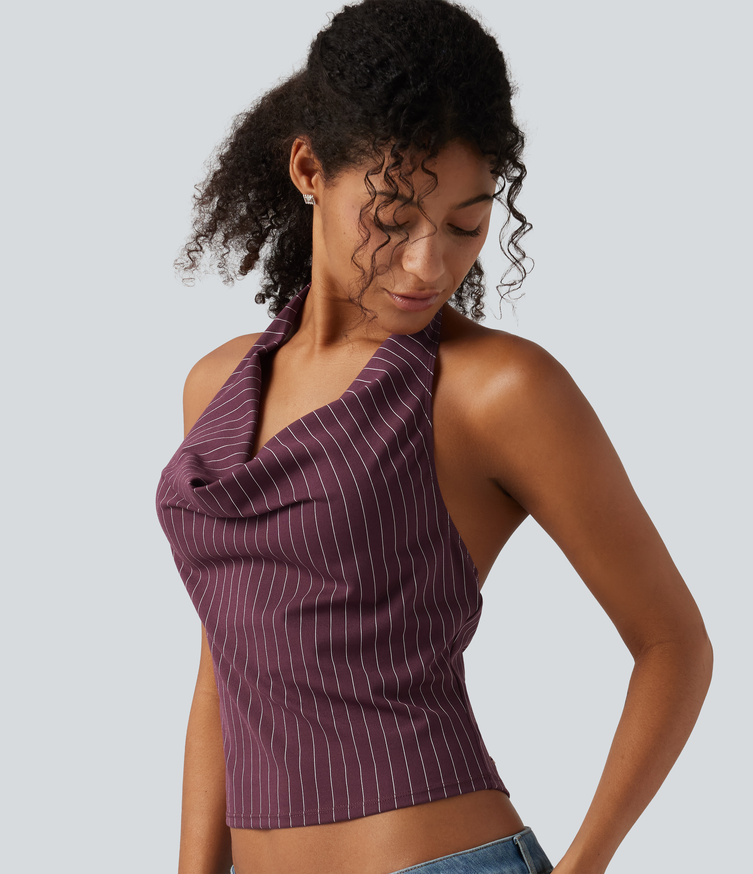 Halter Cowl Neck Stripe Casual Tank Top