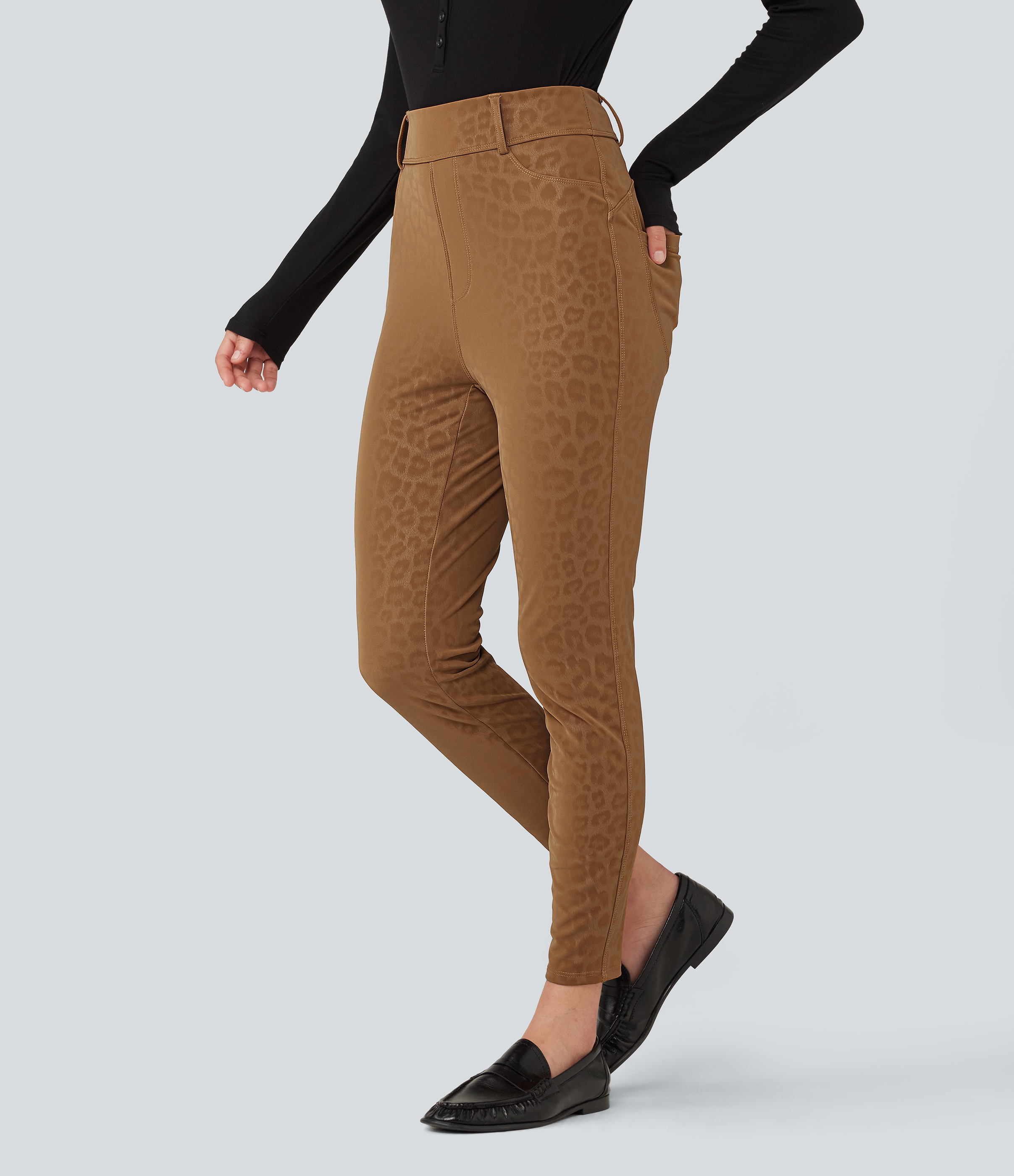 Bronzed Tan High Waisted Stretchy PU Leopard Print Fleece Casual Leggings with Pockets / 2