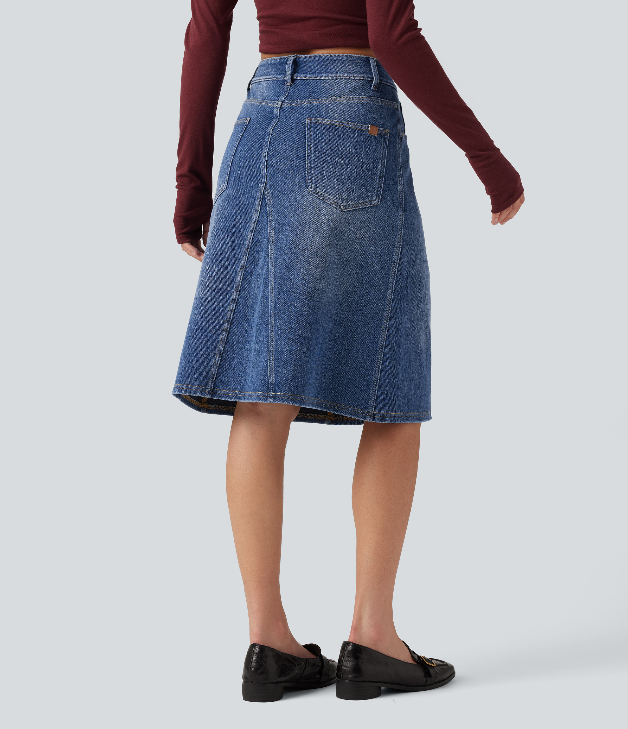 Tide Blue Denim Halara Flex™ džínová midi sukně se středním pasem a kapsami / 2