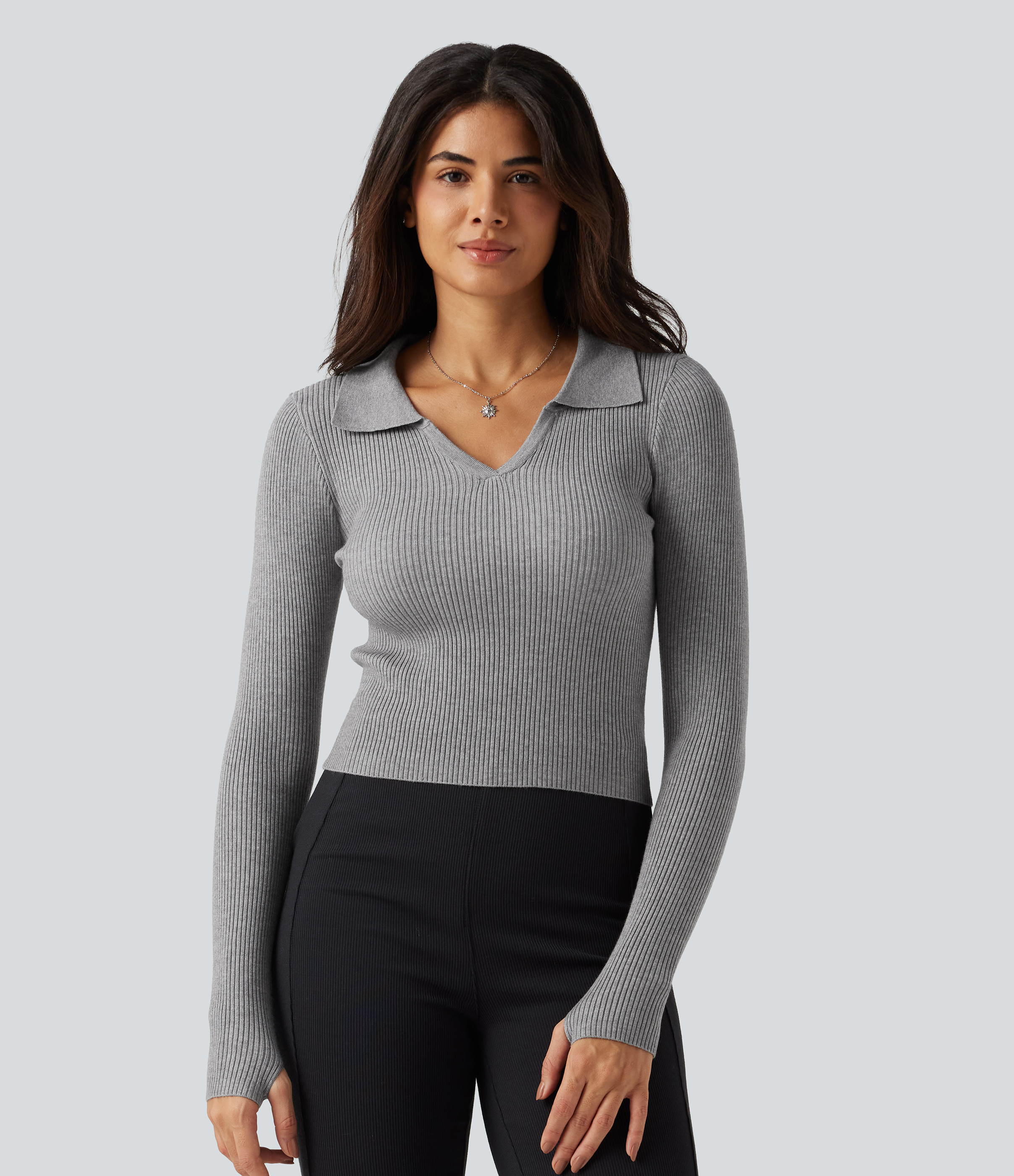 Lapel Long Sleeve Thumb Hole Work Sweater