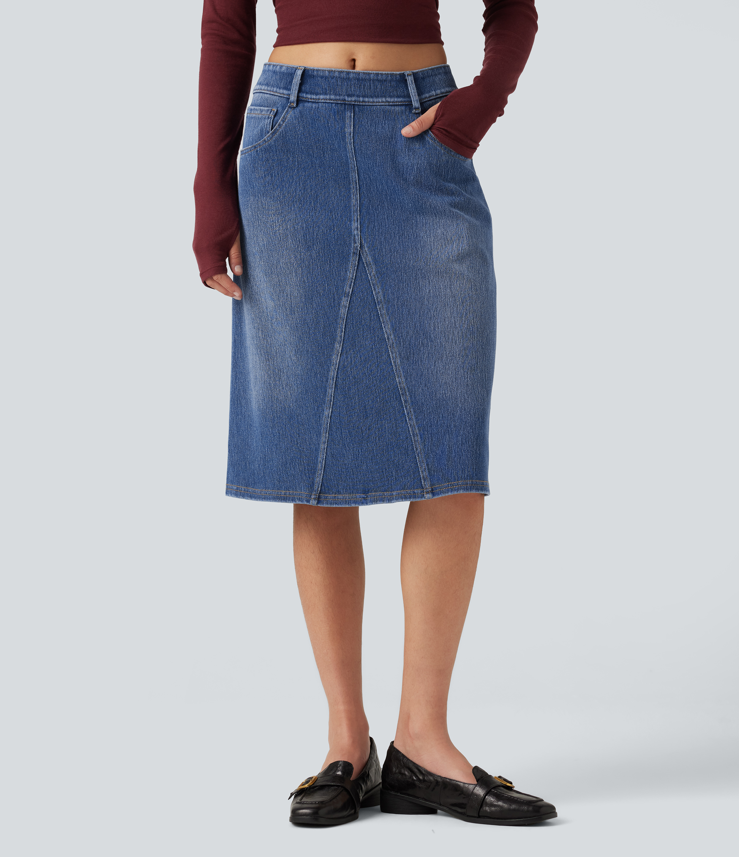 Halara Flex™ Mid Rise Denim Midi Casual Skirt with Pockets