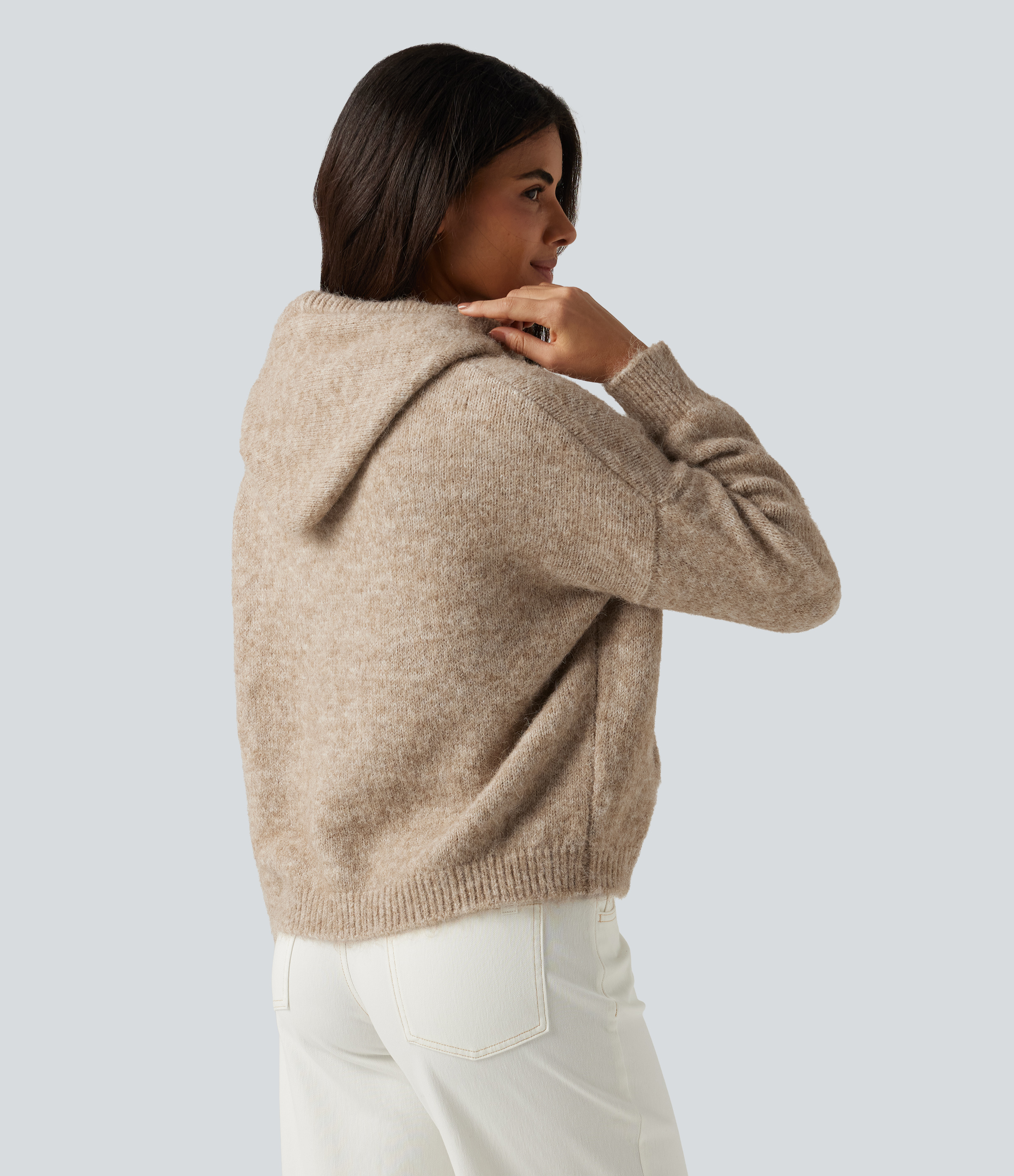 Café au Lait Hooded Long Sleeve Casual Sweater with Pocket / 2