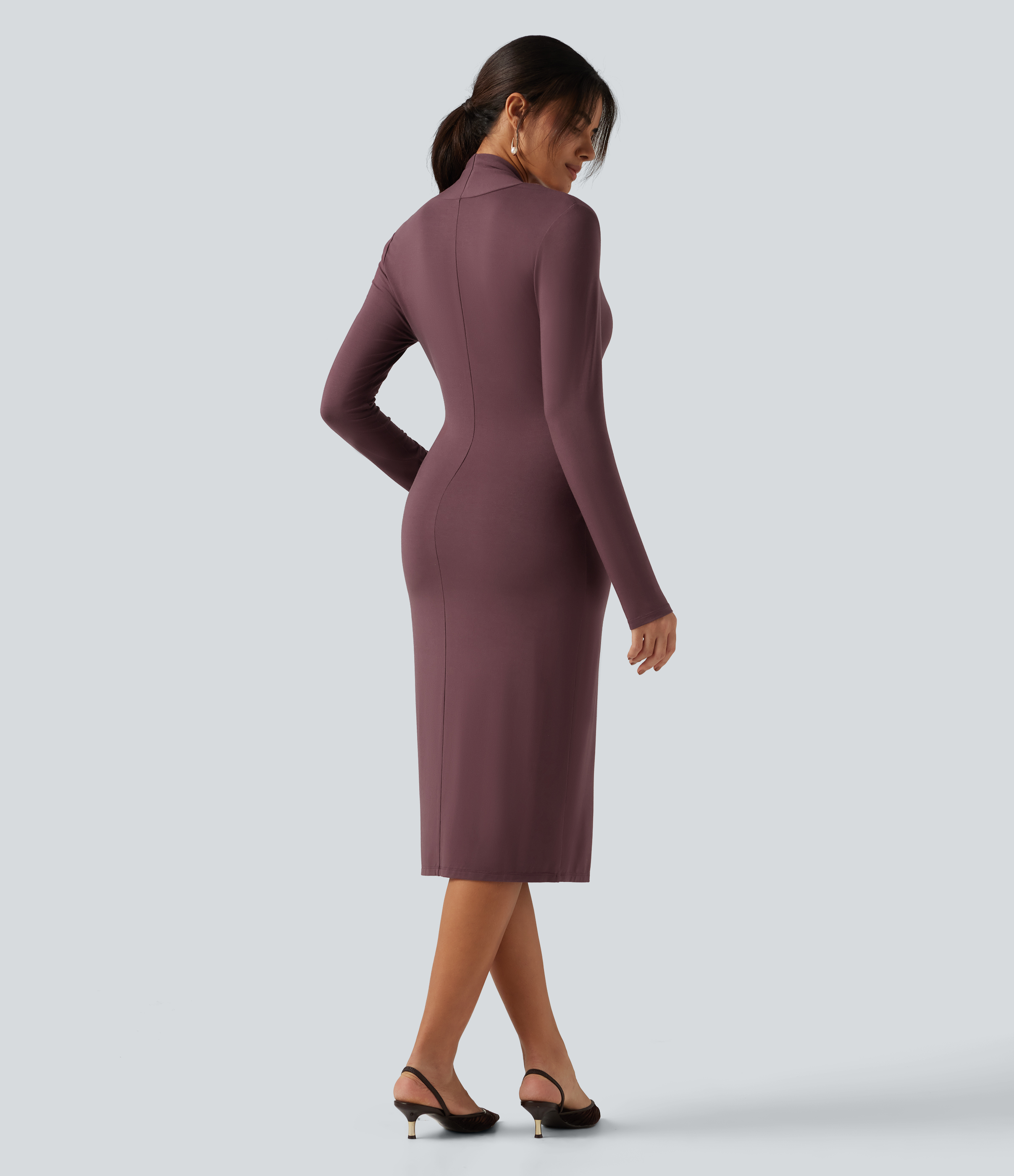 Brown Stone V Neck Long Sleeve Twisted Bodycon A-Line Midi Party Dress / 2