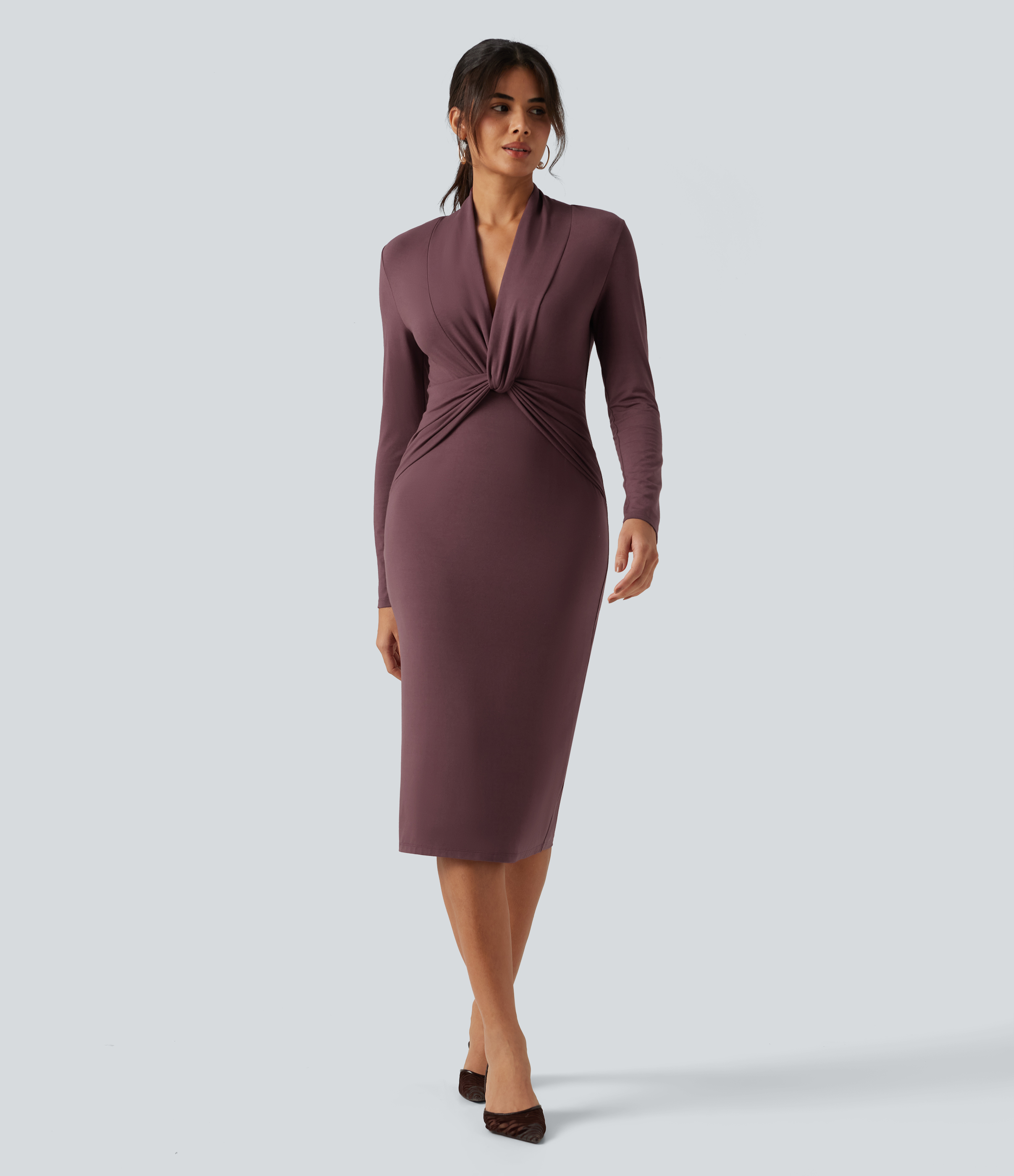 V Neck Long Sleeve Twisted Bodycon A-Line Midi Party Dress