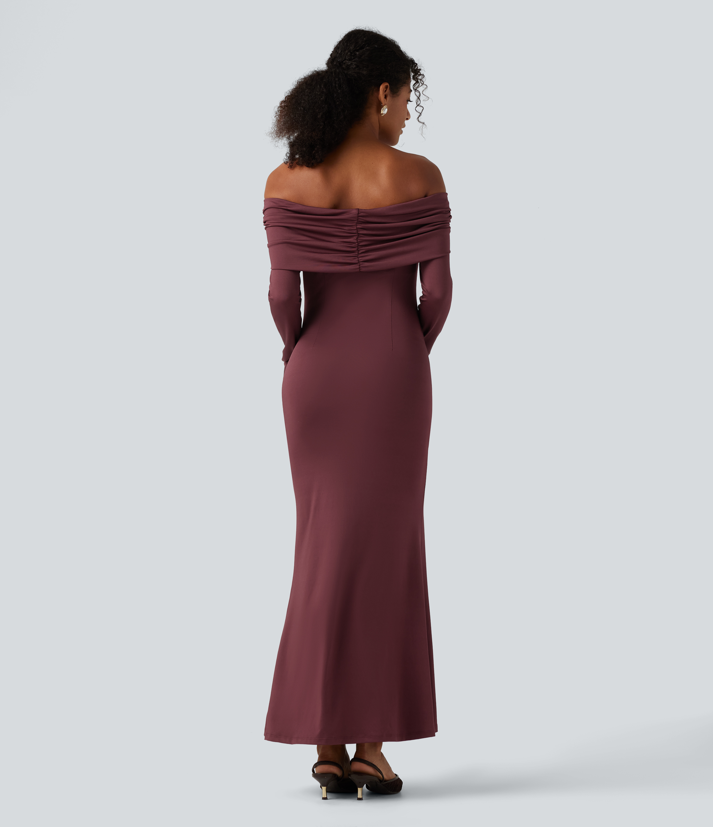 New Maroon Off Shoulder Long Sleeve Ruched Built-in Bra Mermaid Maxi Dress  / 2