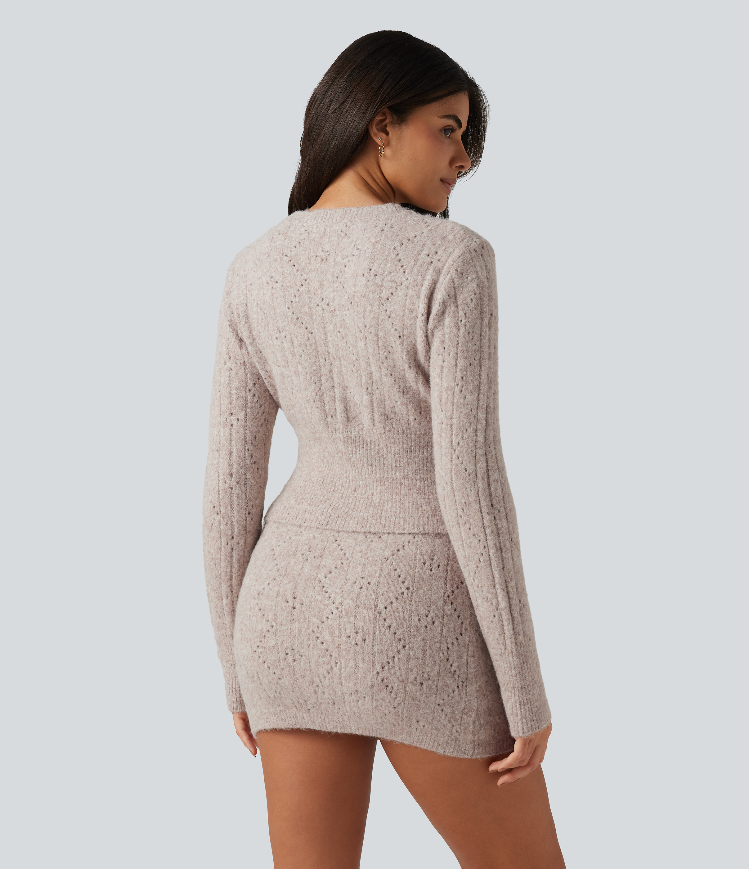 Chateau Gray V Neck Long Sleeve Scallop Hem Open Knit Casual Sweater / 2