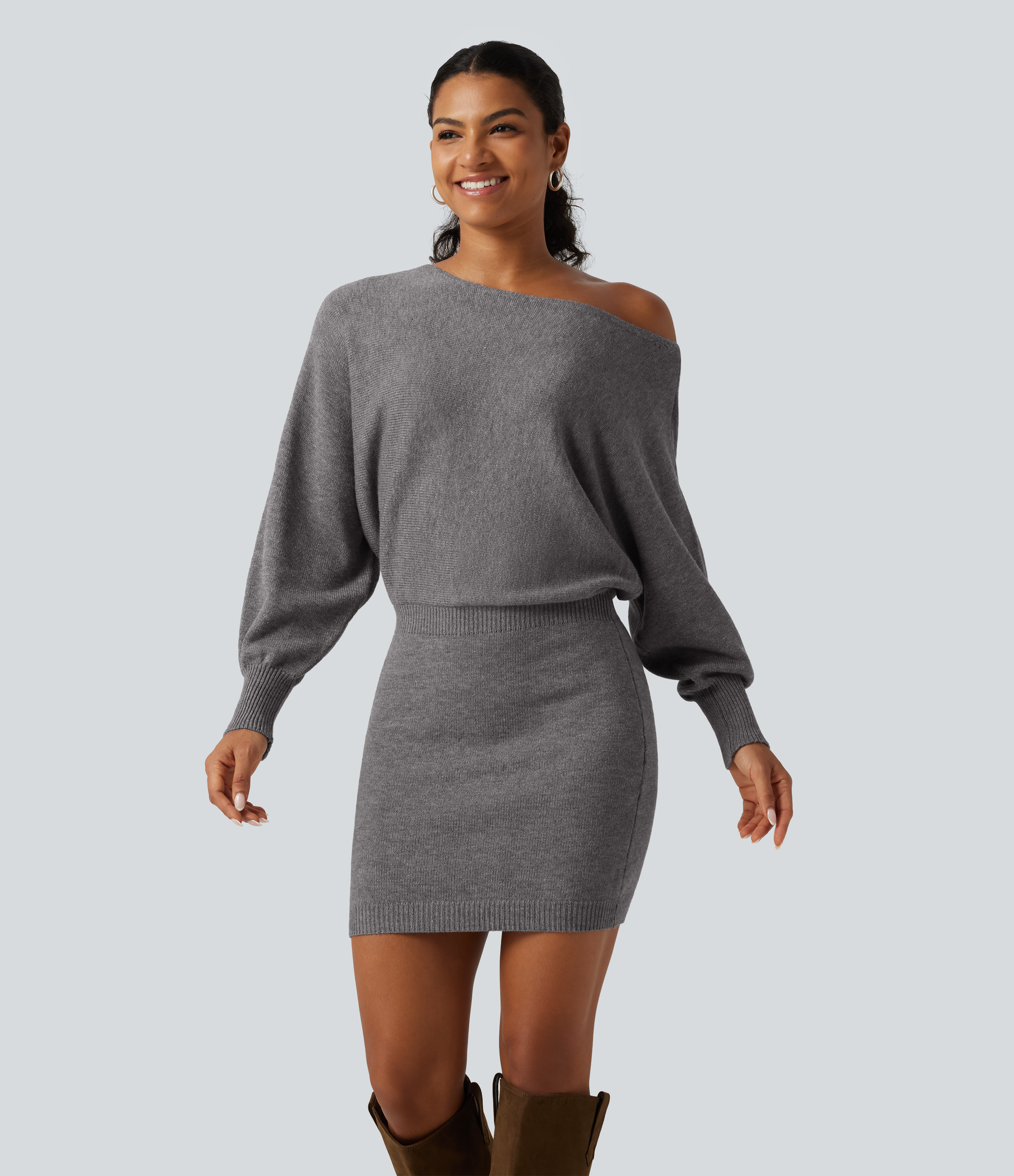 One Shoulder Batwing Long Sleeve Bodycon Mini Work Sweater Dress
