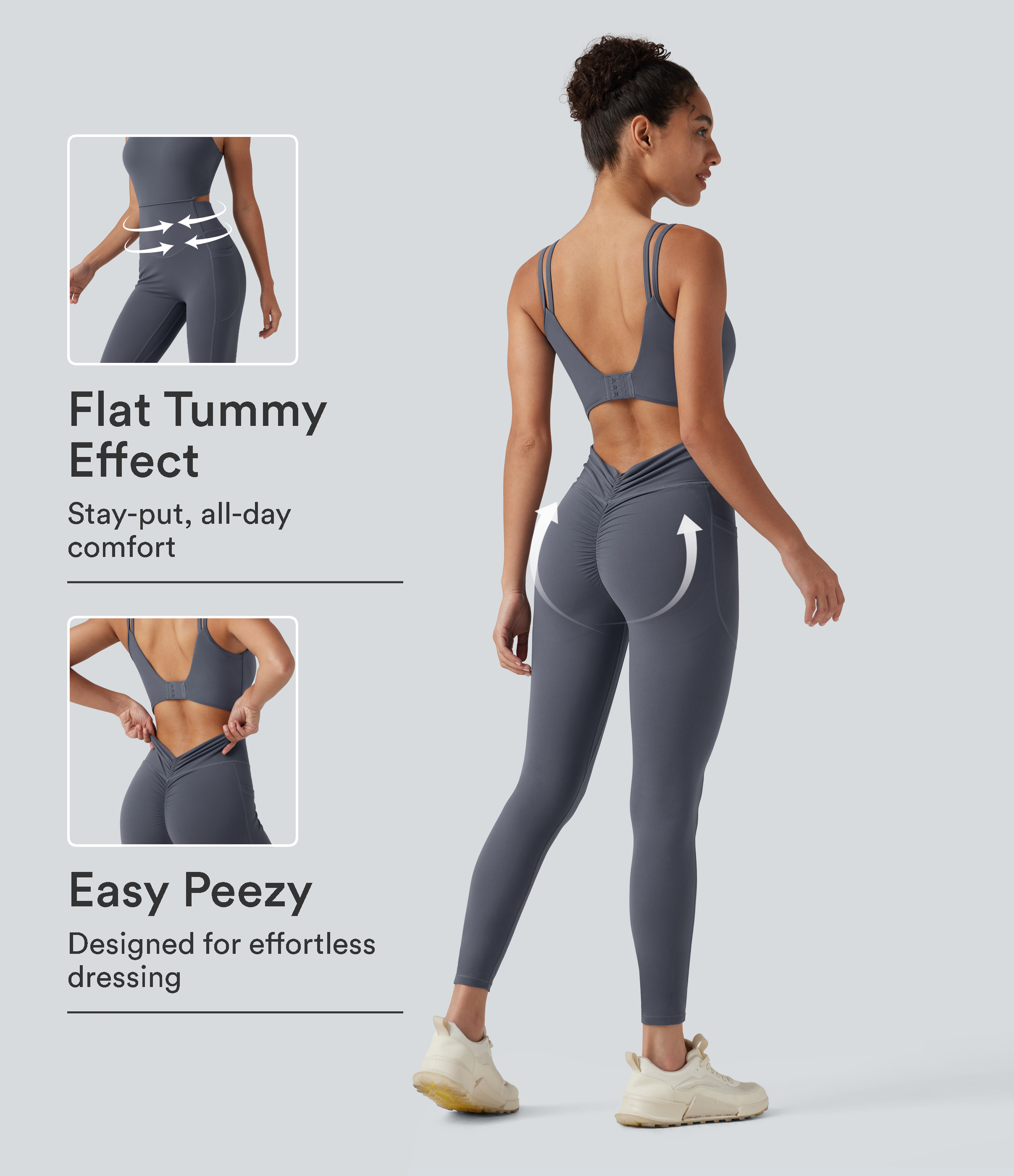 Halara UltraSculpt™ Non-Removable Pad Tummy Control Butt Lifting Ruched Yoga Jumpsuit with Pockets-Easy Peezy Edition