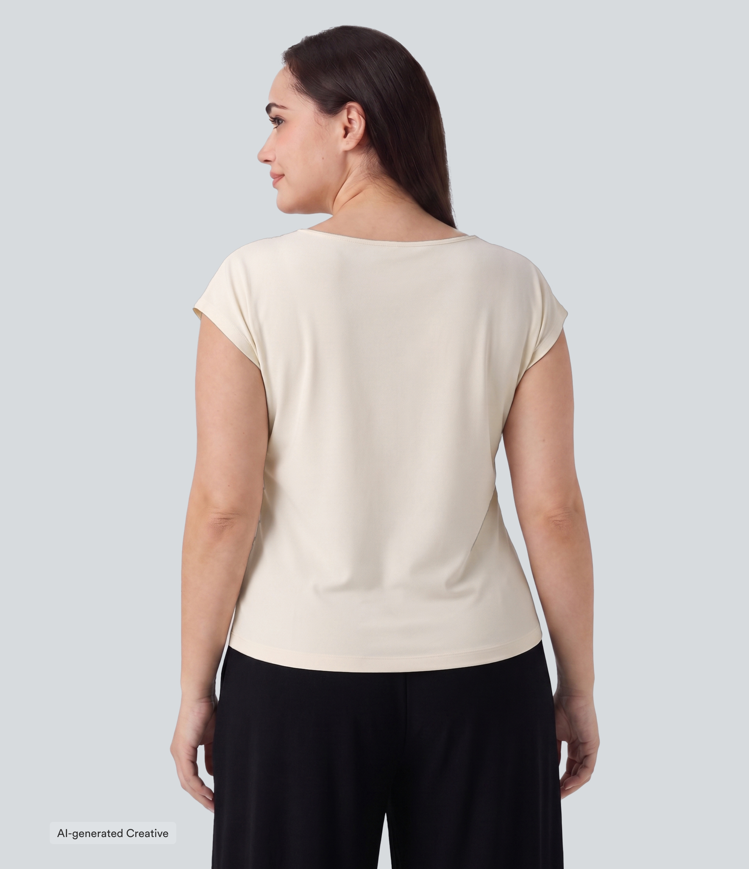 Blanc Blouse de travail grande taille à col bénitier asymétrique, manches courtes, froncée, ourlet fendu / 2