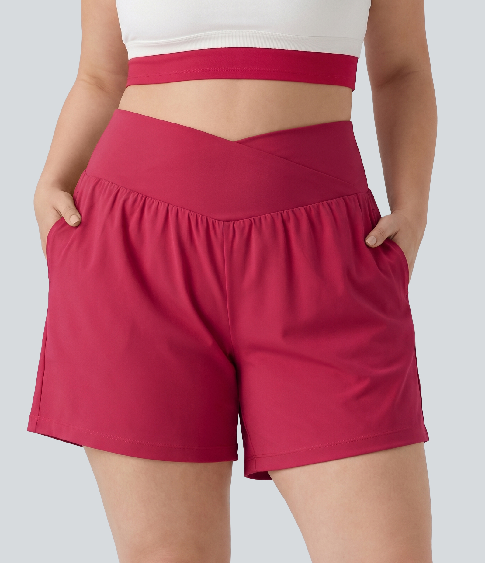 Plus Size SoftlyZero™ Airy Crossover High Waisted 2-in-1 InstantCool Yoga Shorts 5'' with Pockets