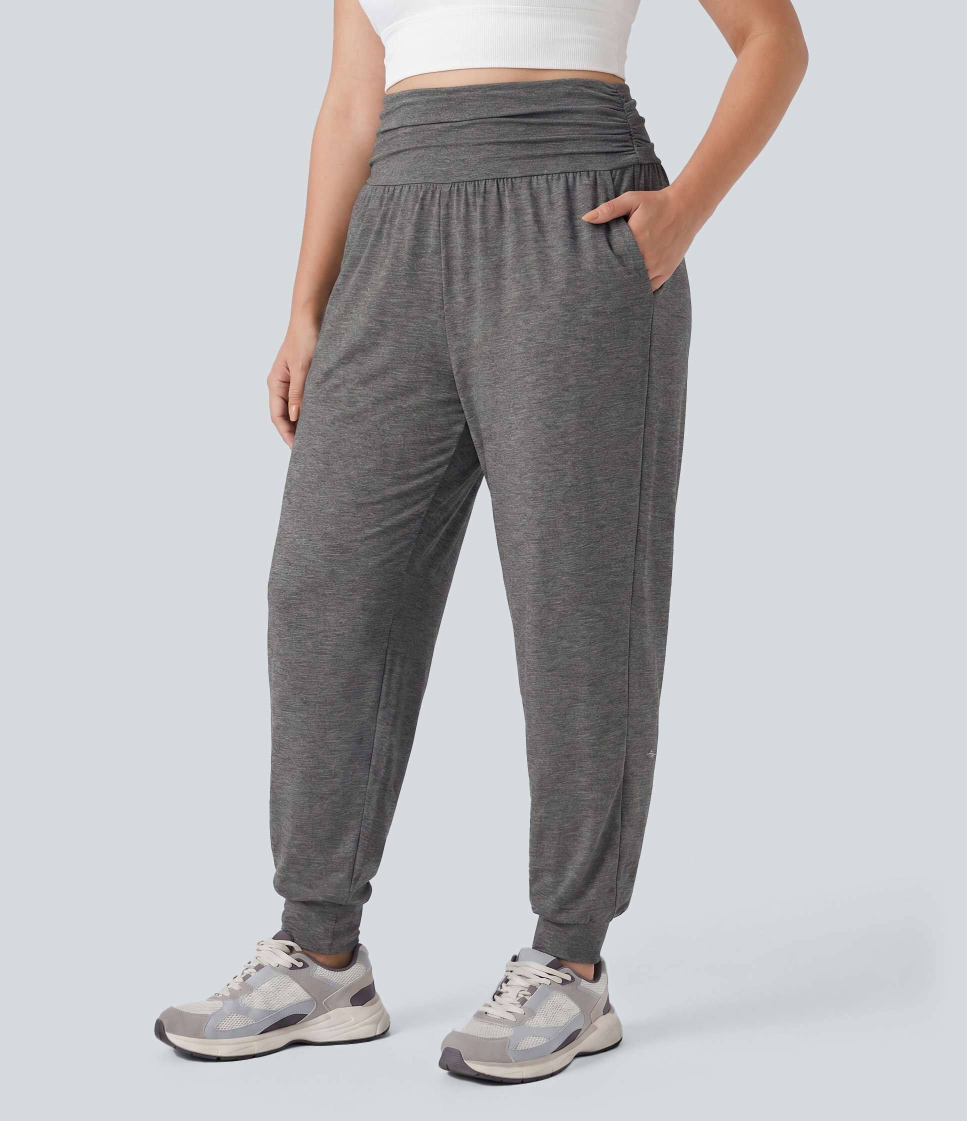 Plus Size High Waisted Ruched Heathered Yoga Joggers with Pockets
