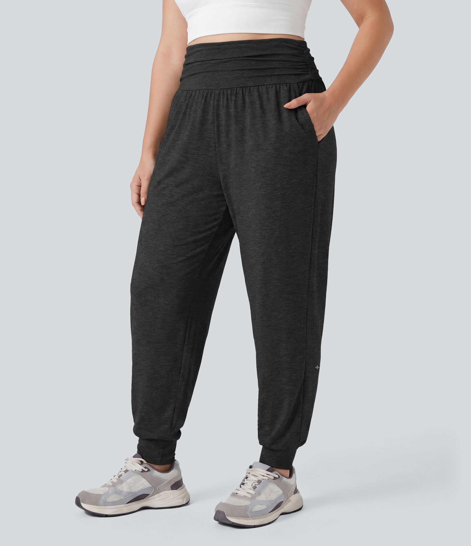 Halara Plus Size High Waisted Ruched Heathered Yoga Joggers with Pockets