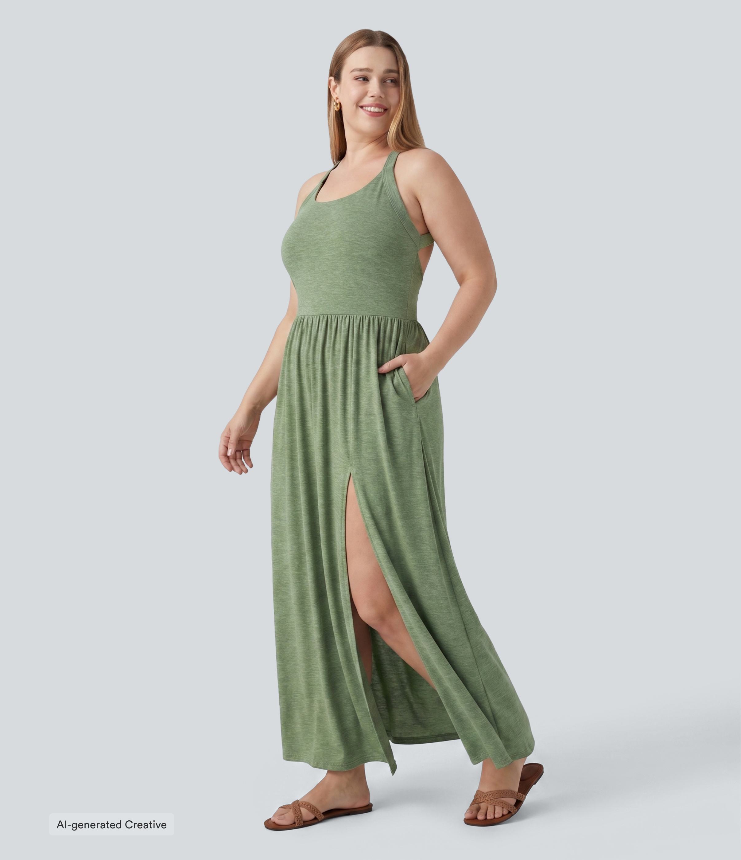 Light Green Floral Yarn Maxi šaty resortového stylu pro plnoštíhlé — splývavé, se rozparkem, s překříženými odhalenými zády a kapsami / 2