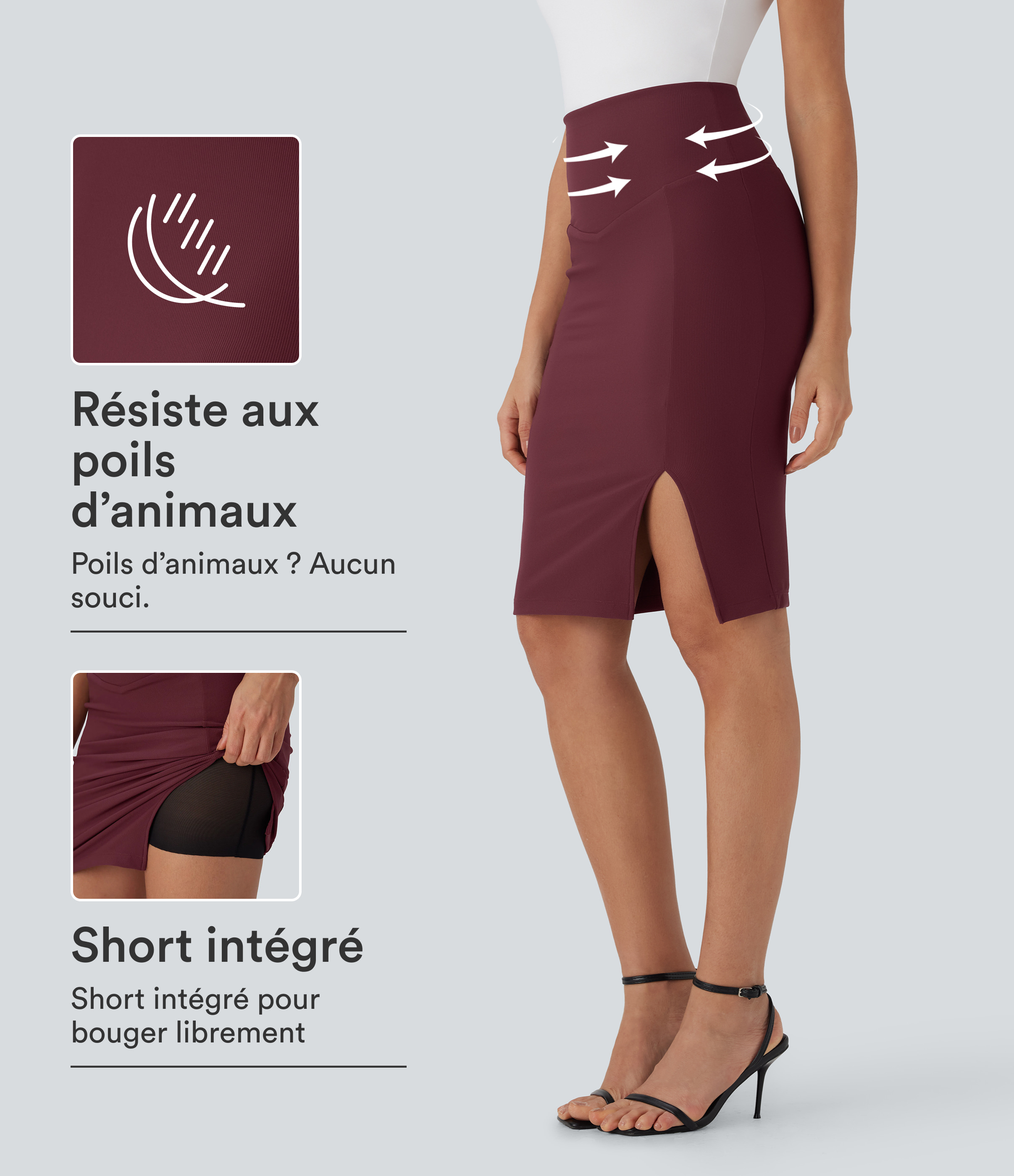 Jupe mi-longue moulante décontractée 2-en-1 gainante taille haute anti-poils d'animaux Patitoff™