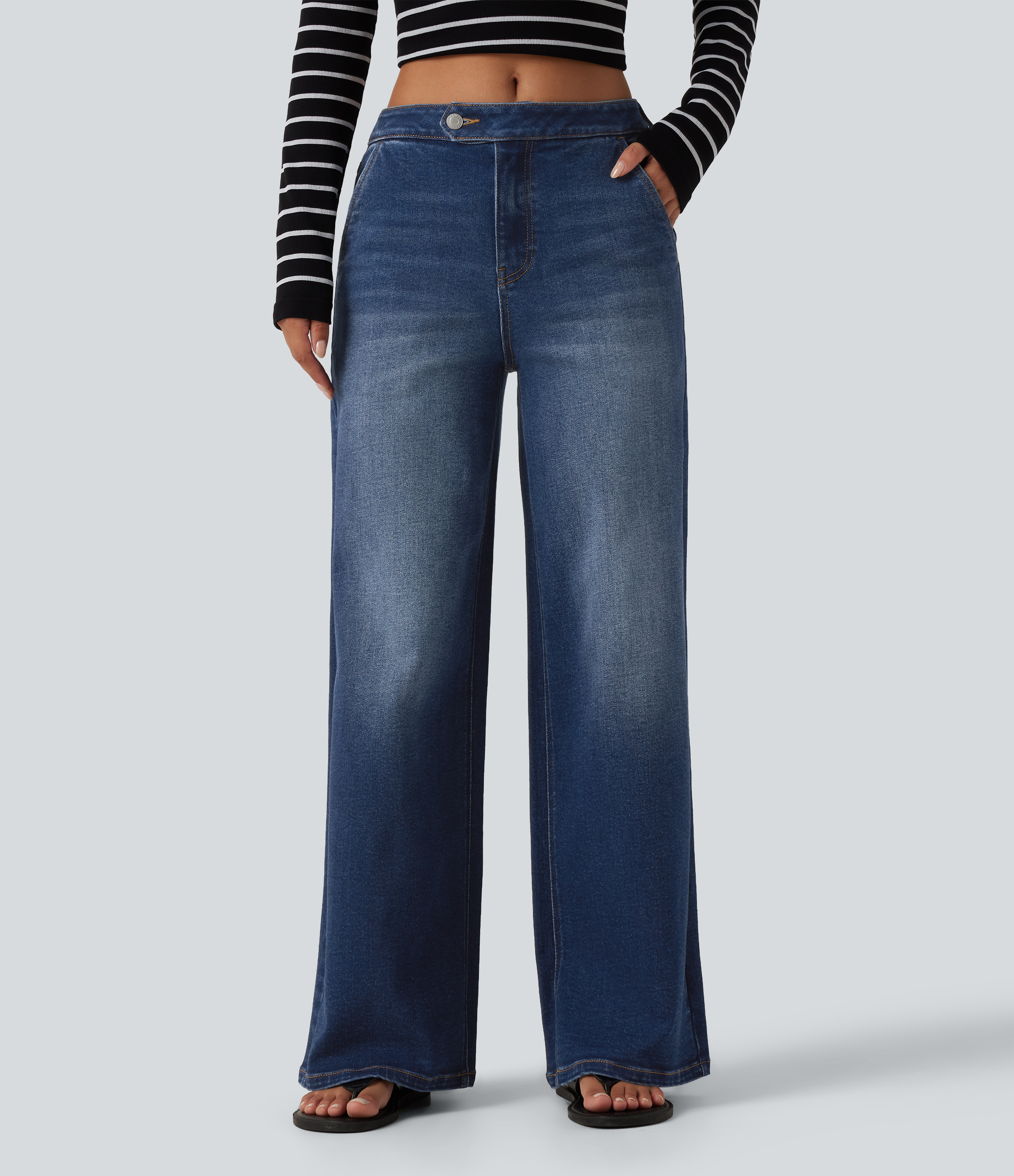 Mid Rise Wide Leg Washed Casual Jeans with Pockets