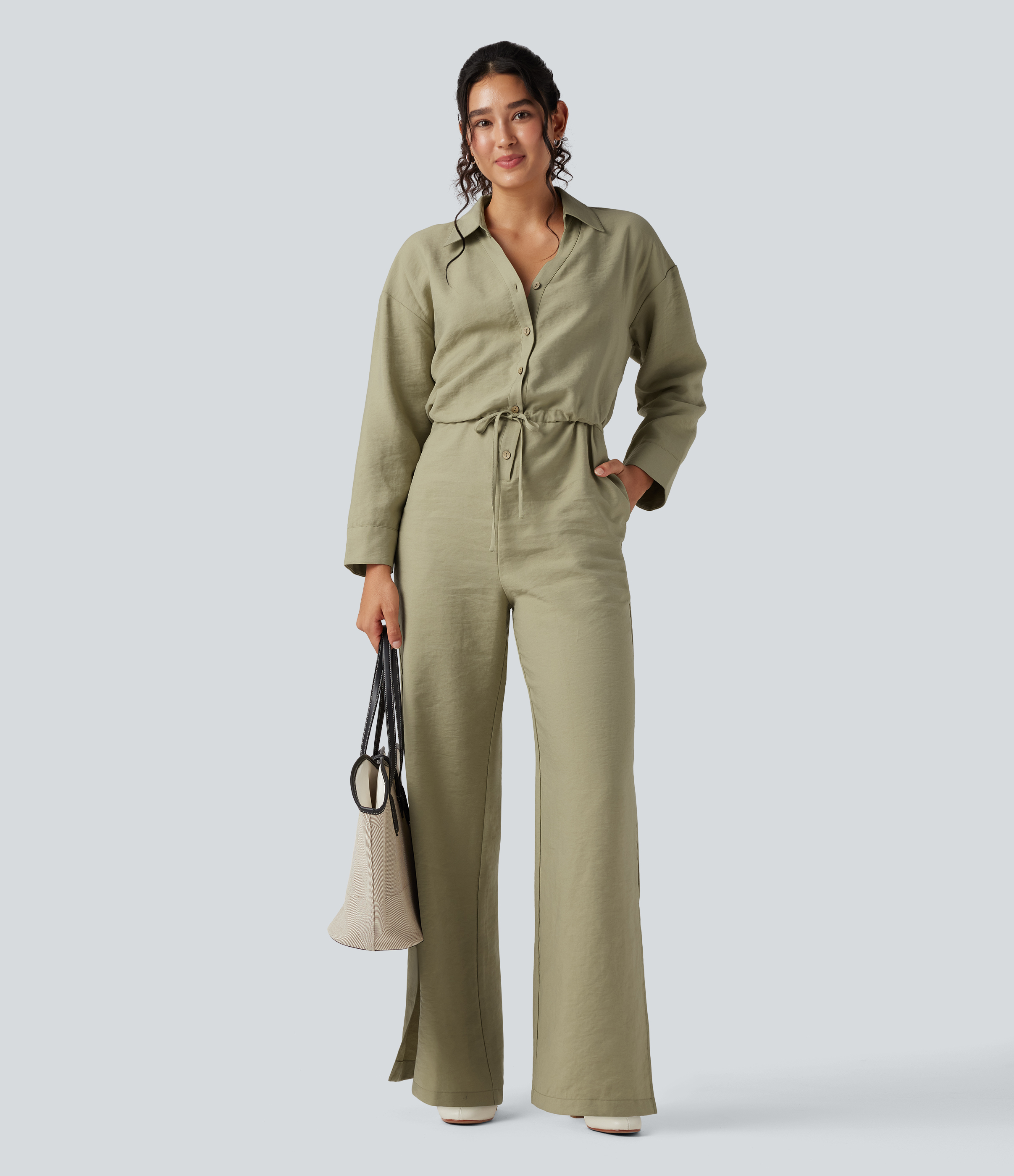 Long Sleeve Drawstring Wide Leg Work Jumpsuit with Pockets