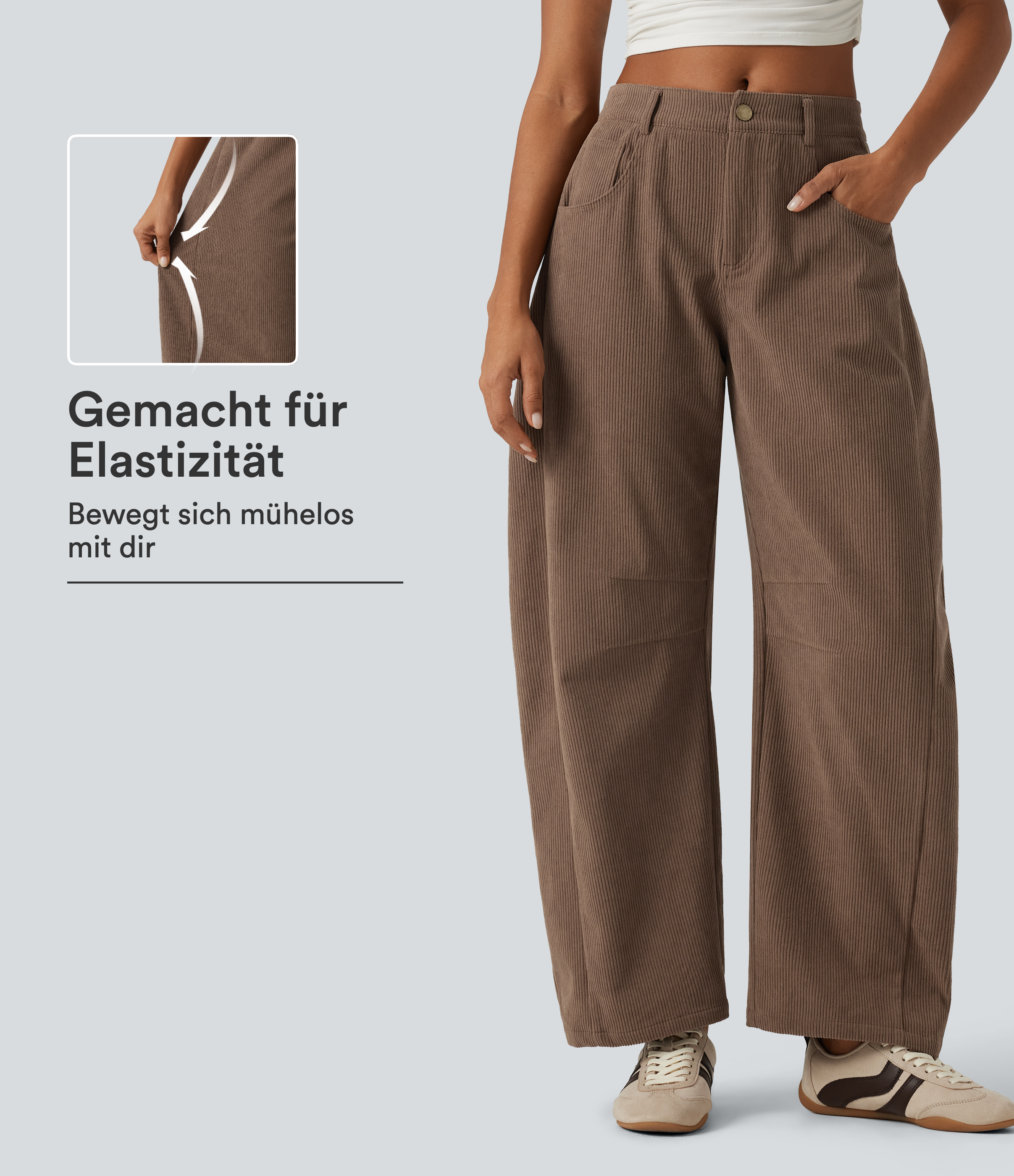 Lässige Cordhose mit mittelhohem Bund, mehreren Taschen und Barrel-Leg