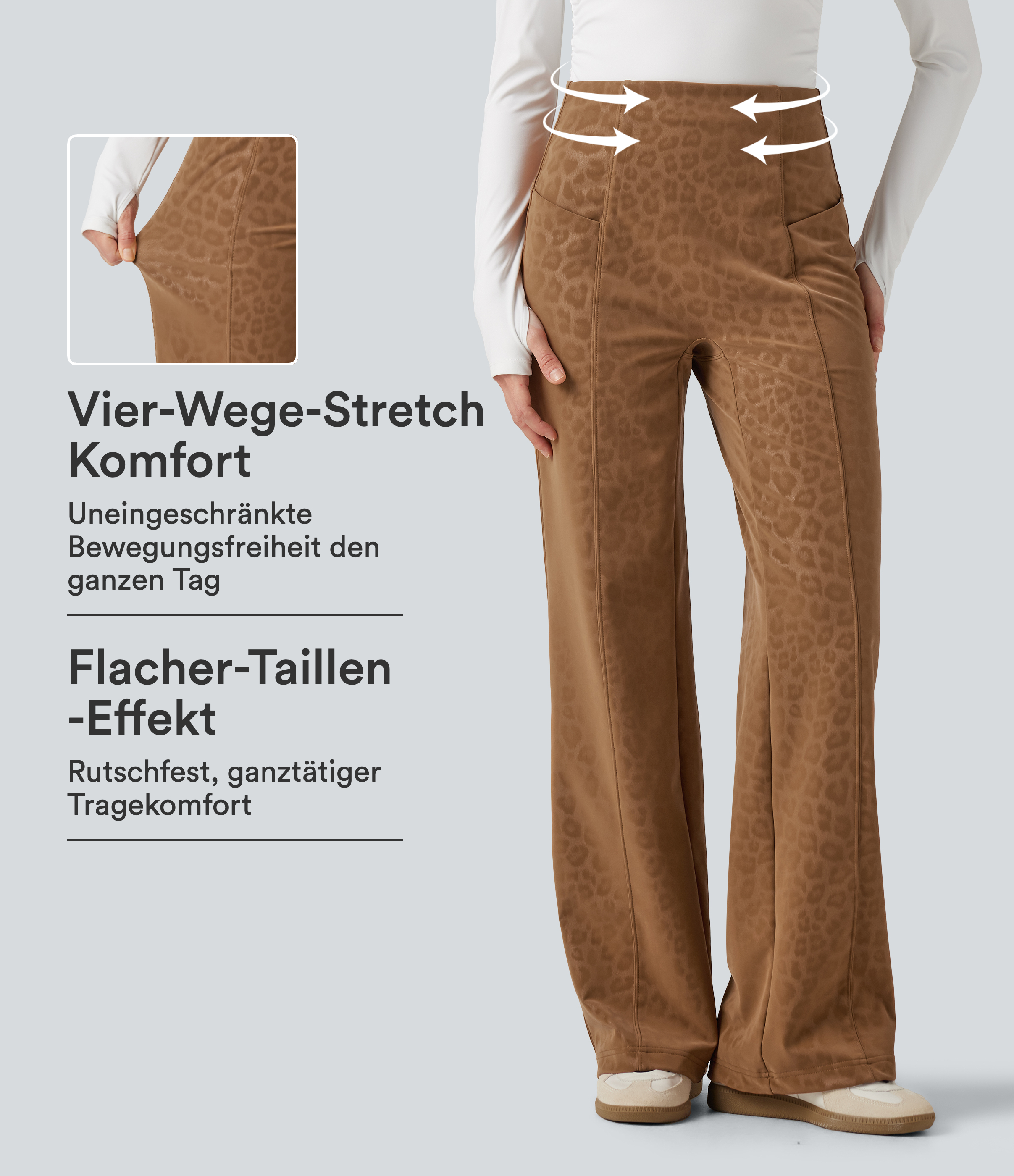 Lässige, ausgestellte Fleece-Hose aus elastischem Kunstleder mit hohem Bund, Seitentaschen und Leopardenmuster