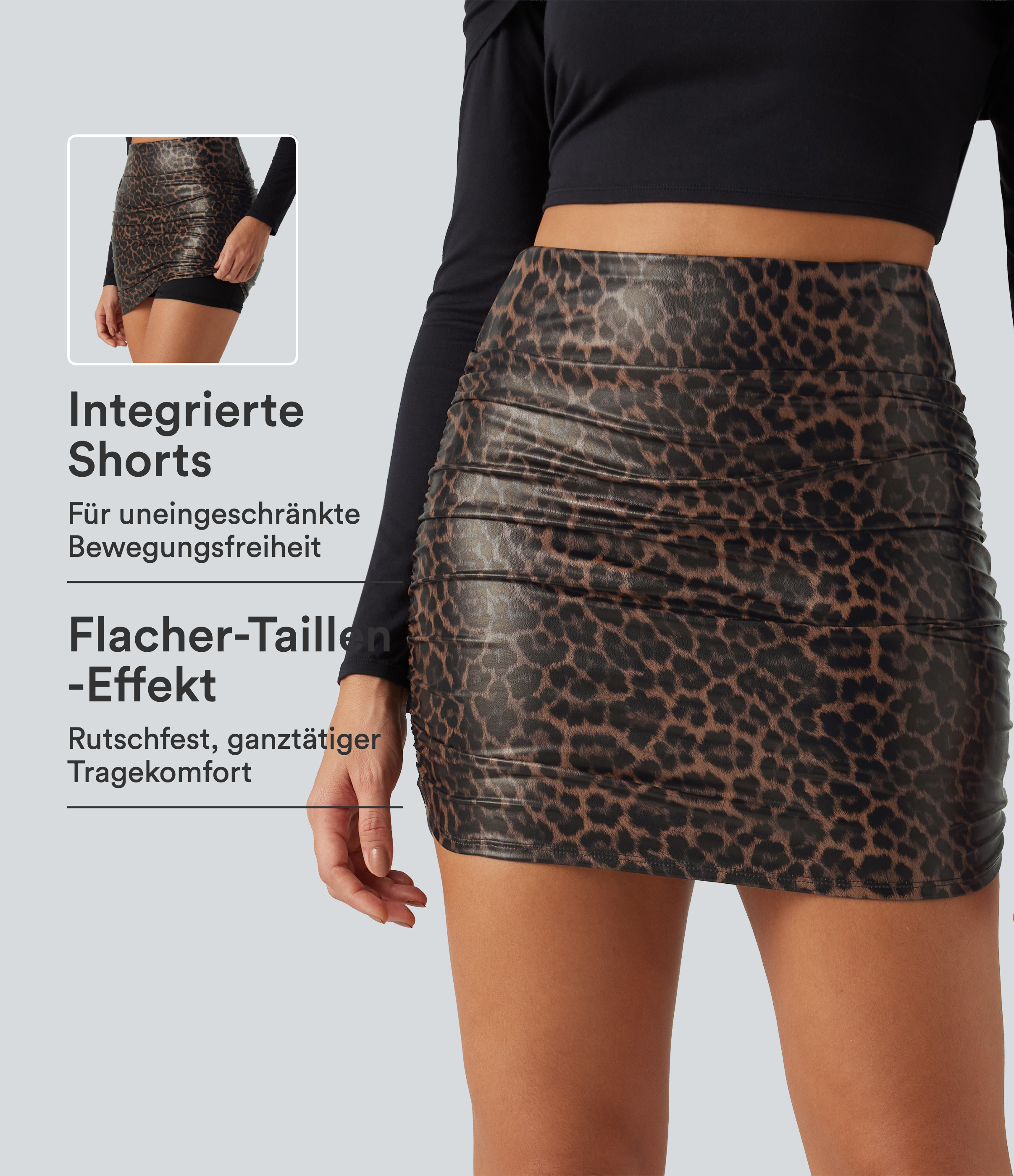 Geraffter 2-in-1 Minirock aus elastischem Kunstleder mit hohem Bund, Bauchkontrolle, Leopardenmuster und abgerundetem Saum