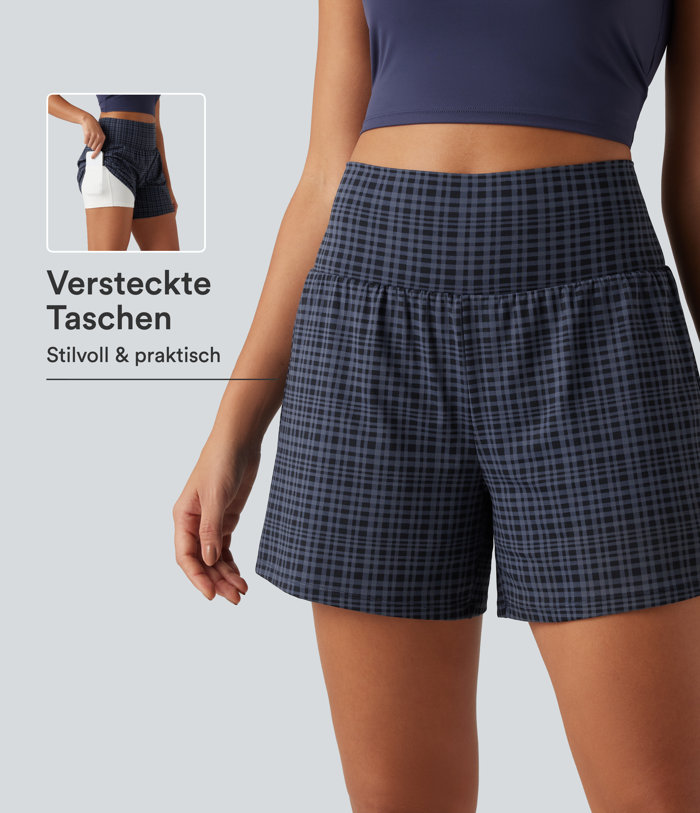 2-in-1 Yoga-Shorts mit hohem Bund, mehreren Taschen und Karomuster - 12,7 cm