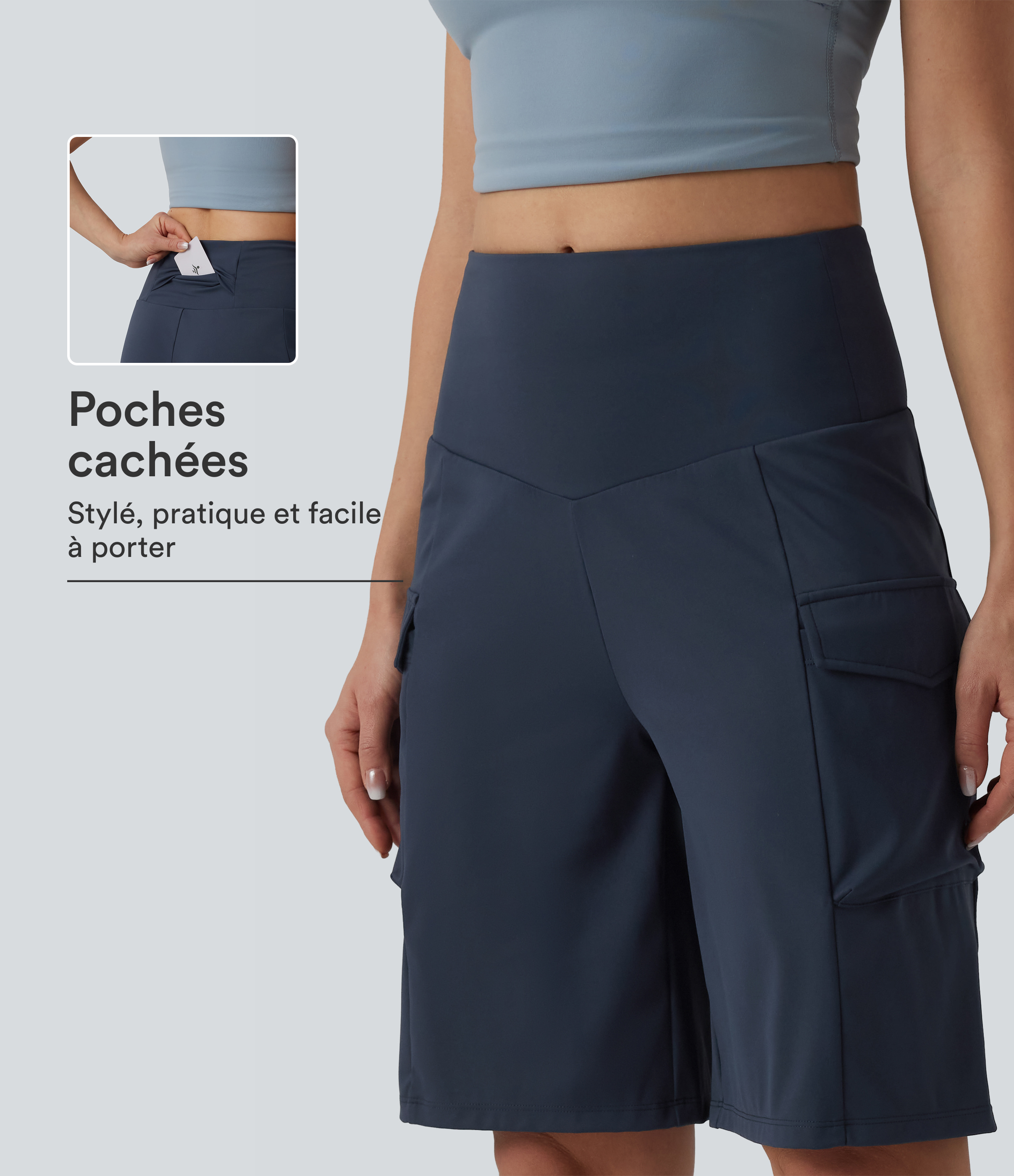 Short cargo yoga ample taille mi-haute avec poches