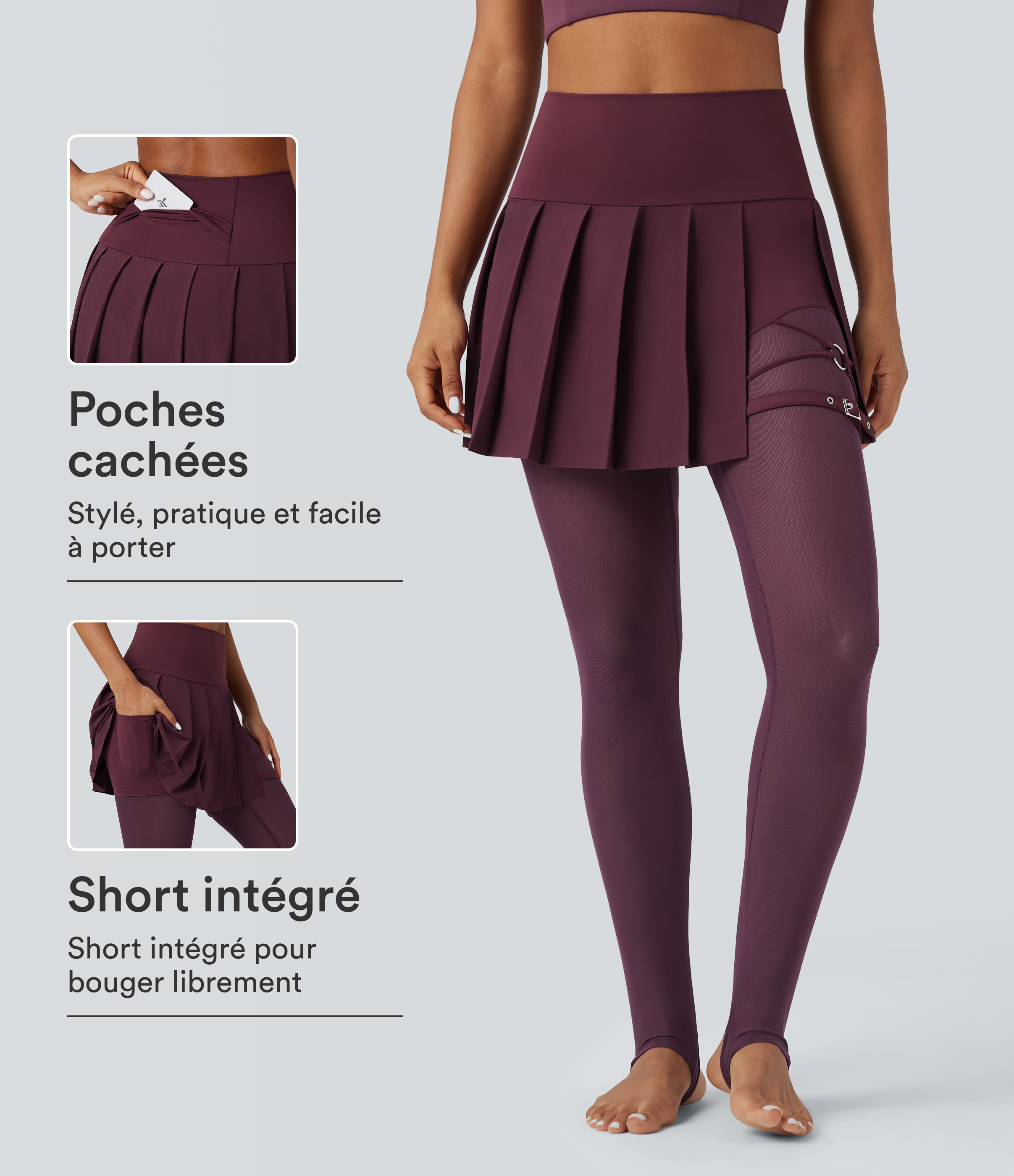 Legging à jupe étrier danse Breezeful™ 2-en-1 taille haute plissé résille contrastante séchage rapide avec poches
