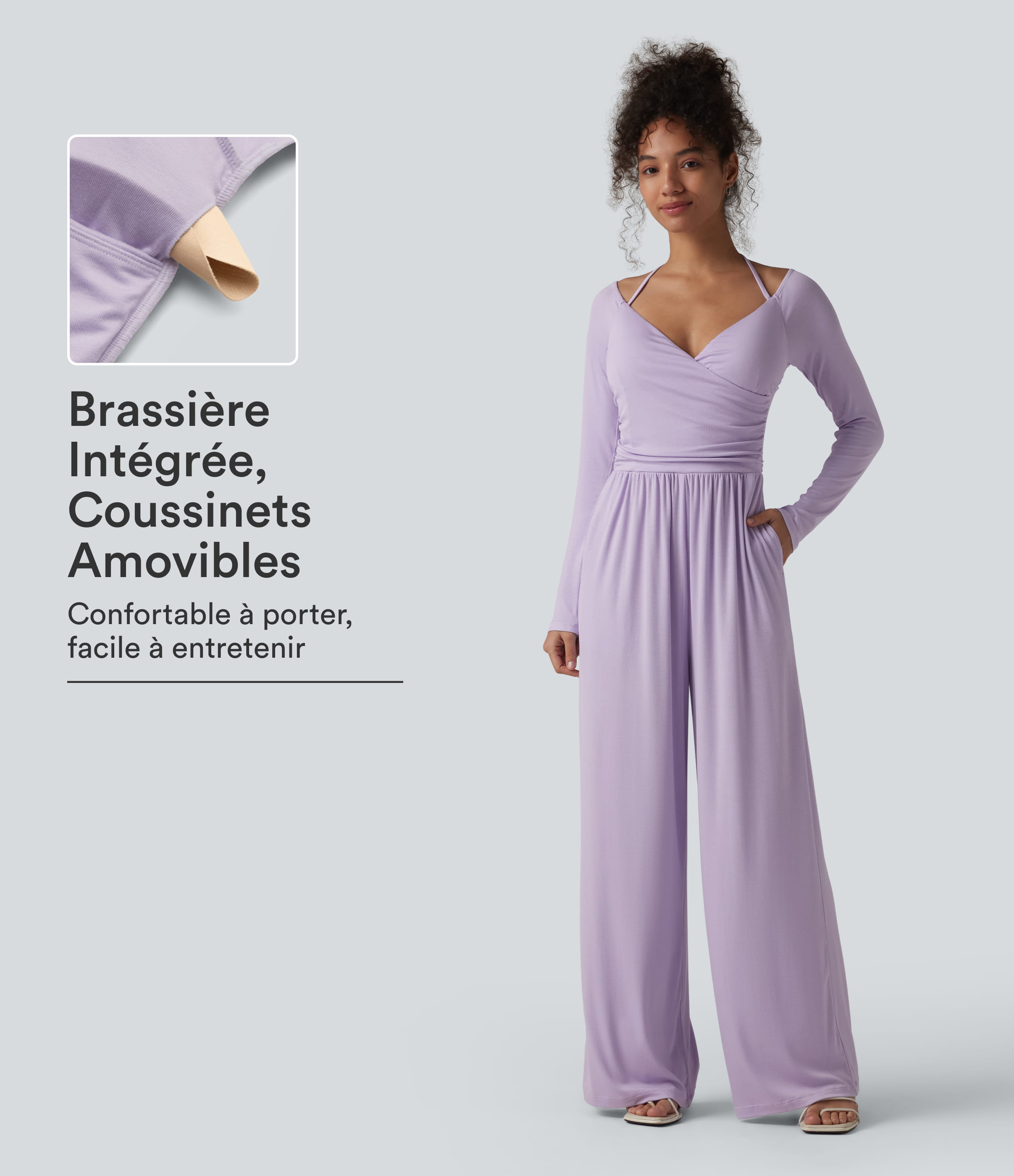 Combinaison casual en maille côtelée dos nu noué épaules dénudées manches longues avec soutien-gorge intégré et poches