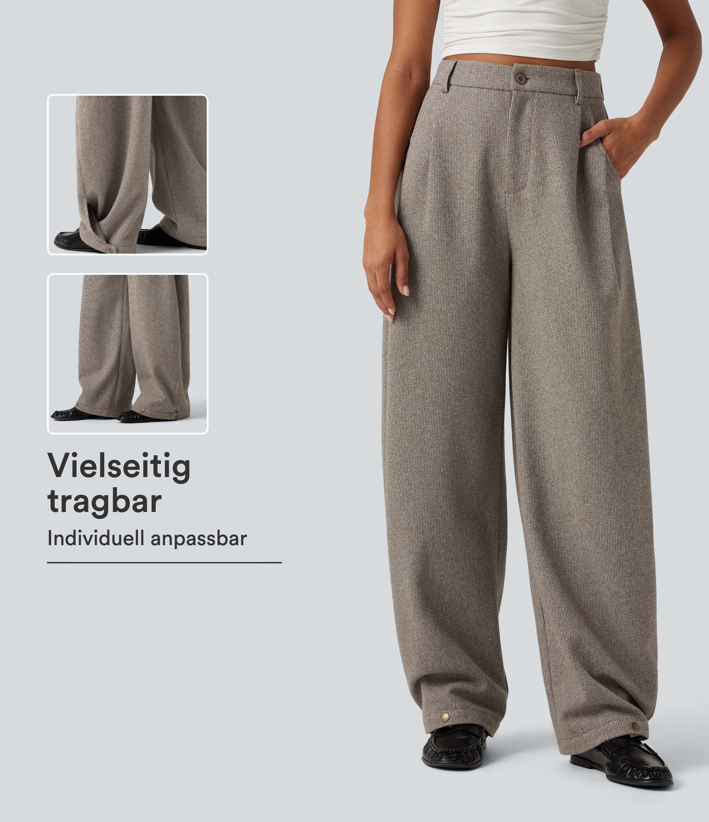 Soft Sandstone Beige Lässige Hose mit hohem Bund, Seitentaschen, Karomuster und geschwungenem Bein / 1