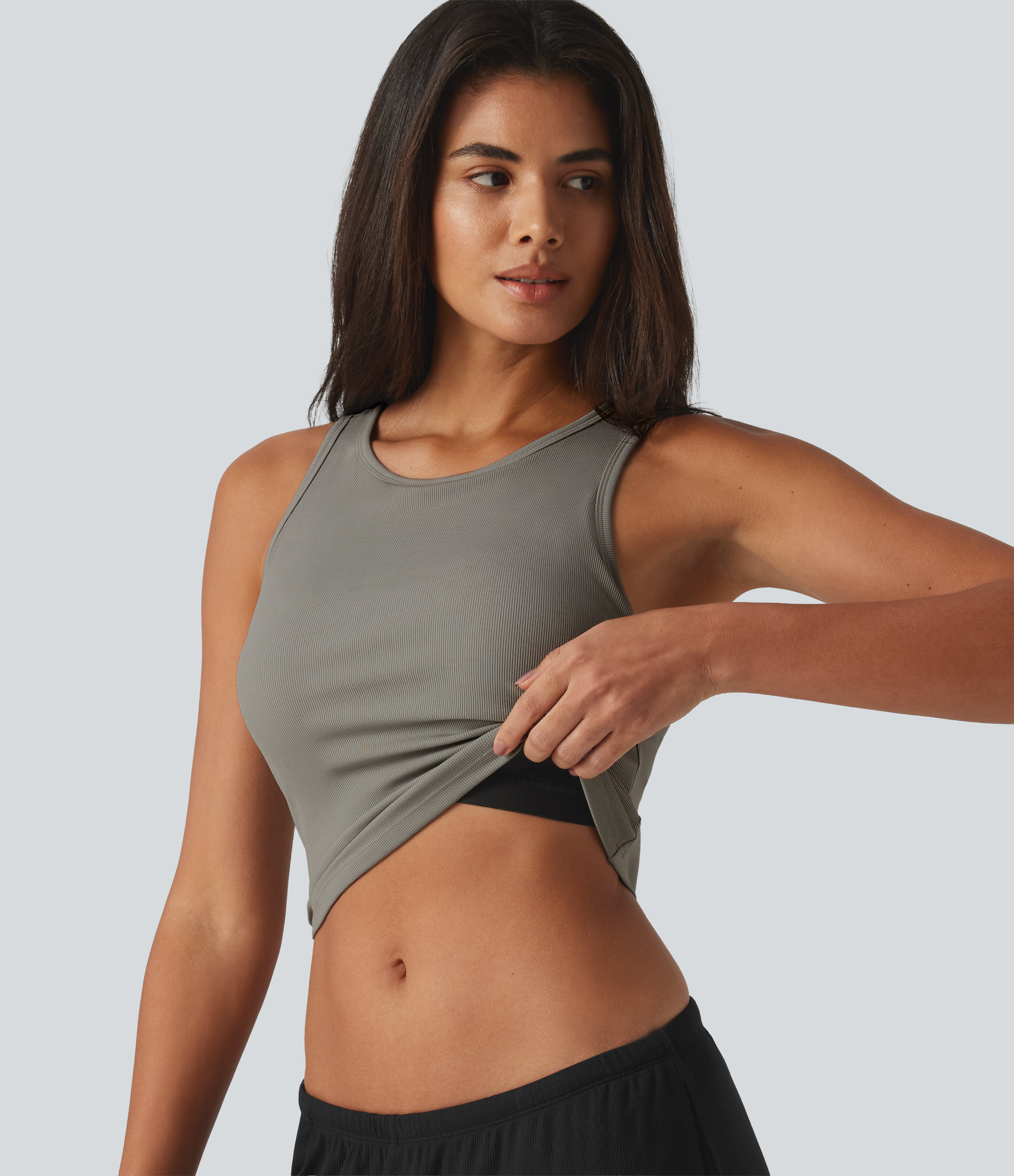 Ribbed Knit Round Neck Built-in Bra Cropped Casual Tank Top