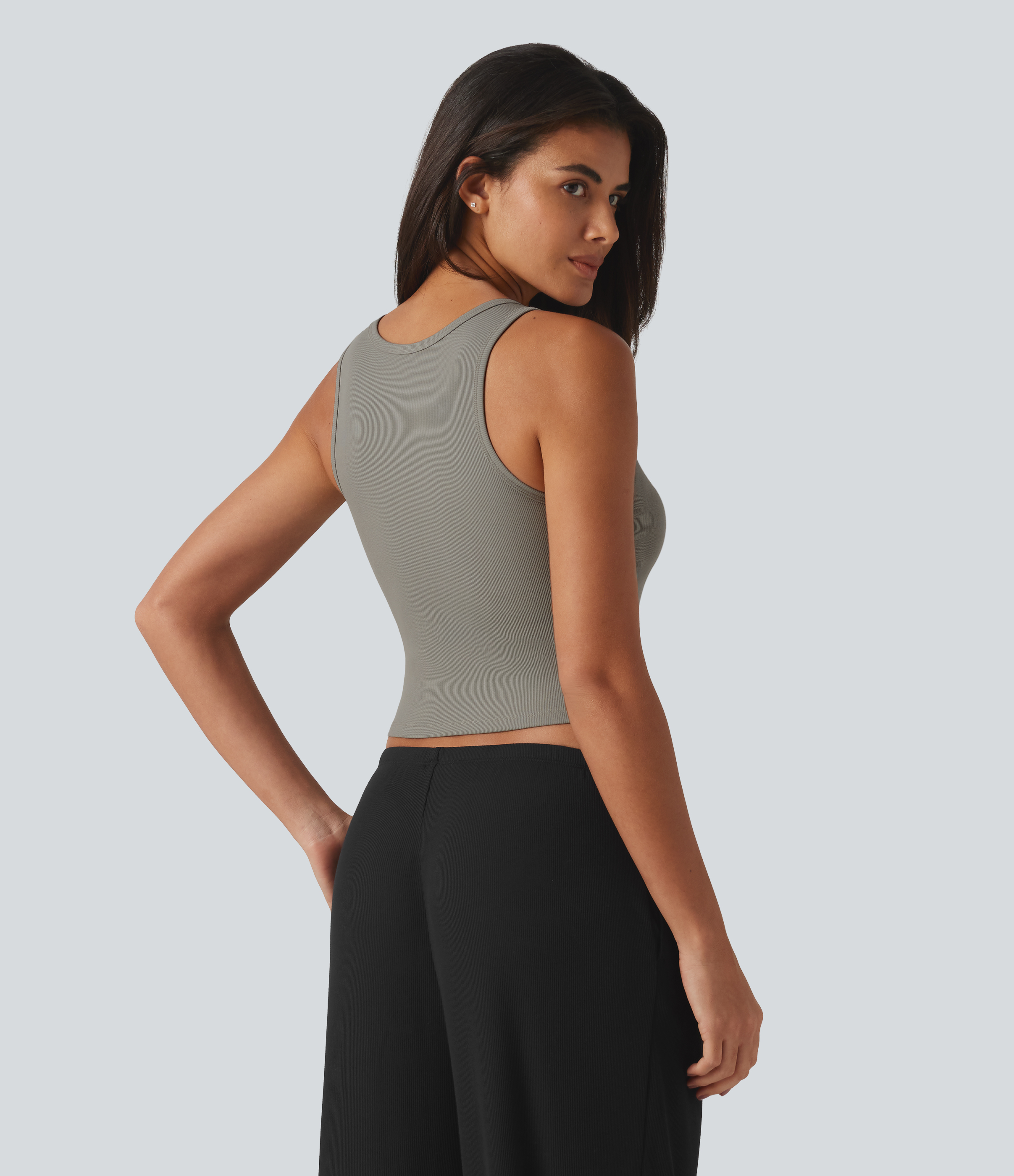 Muted Olive Mist Ribbed Knit Round Neck Built-in Bra Cropped Casual Tank Top / 2