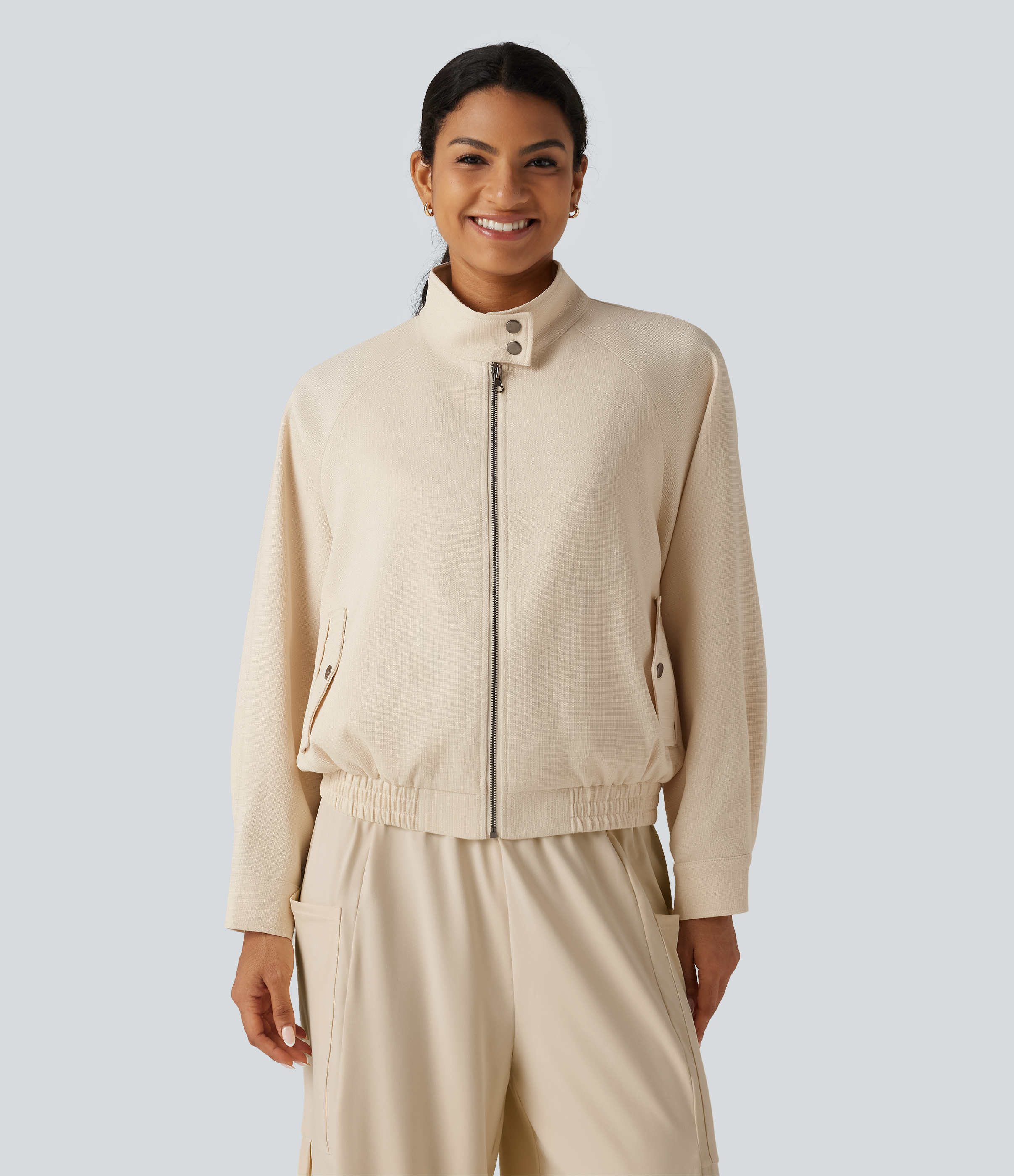 White Swan Mock Neck Long Sleeve Casual Jacket with Pockets / 1