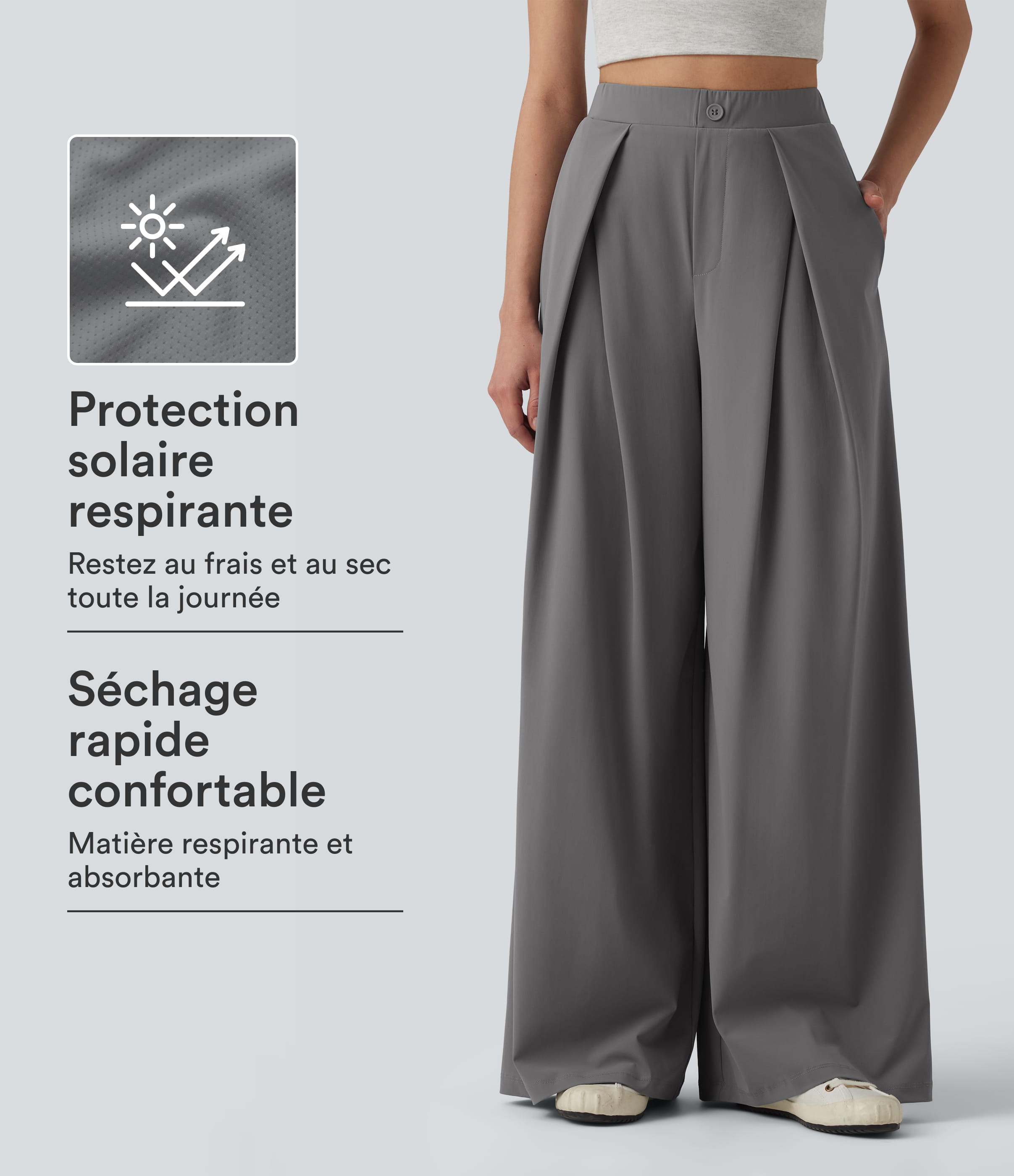 Steel Gray Pantalon large séchage rapide effet frais InstantCool taille haute avec poches, protection solaire UPF40+ / 1