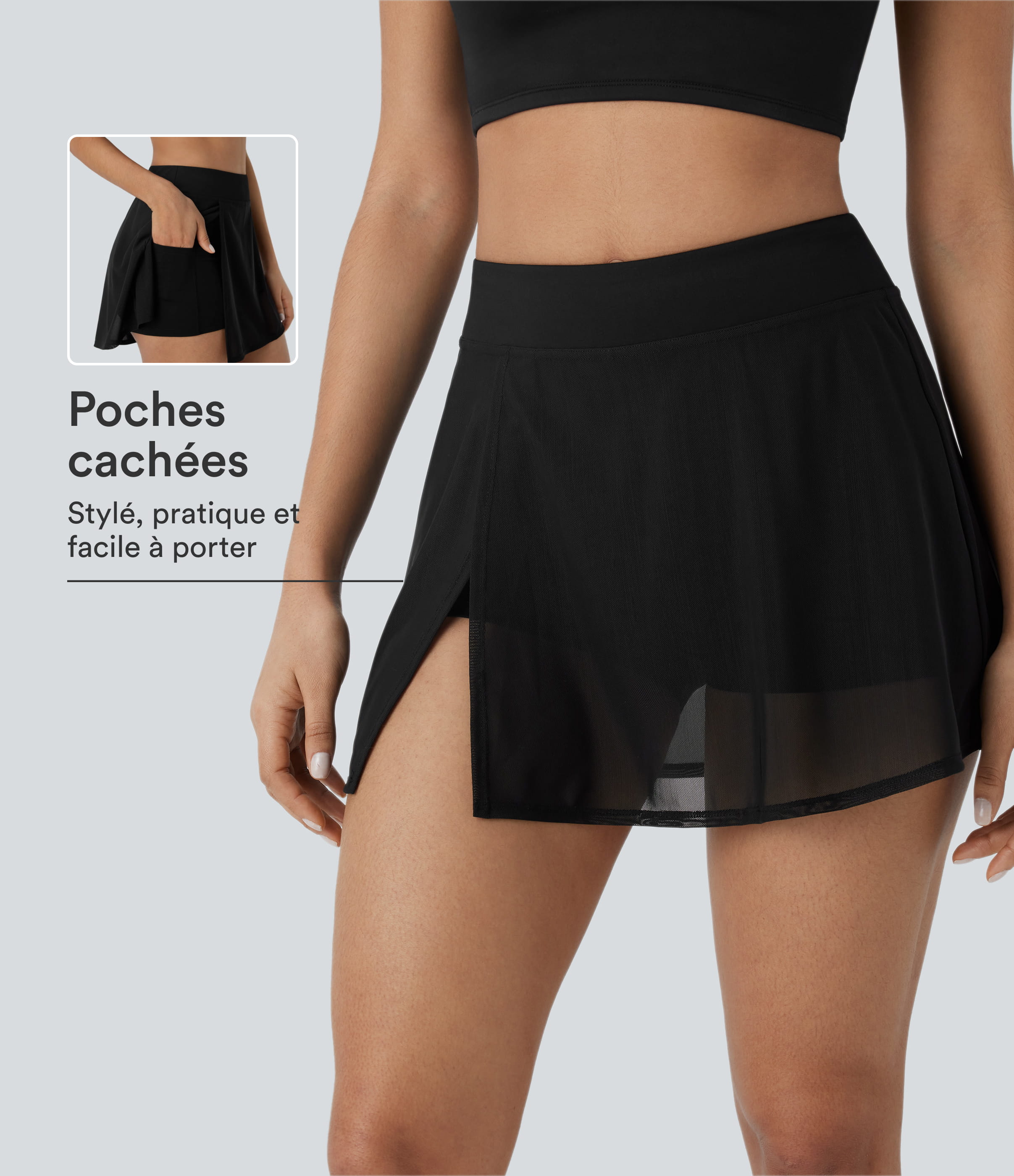 Black Mini-jupe de yoga taille haute avec short intégré, poches latérales et empiècements en maille contrastée avec fentes / 1