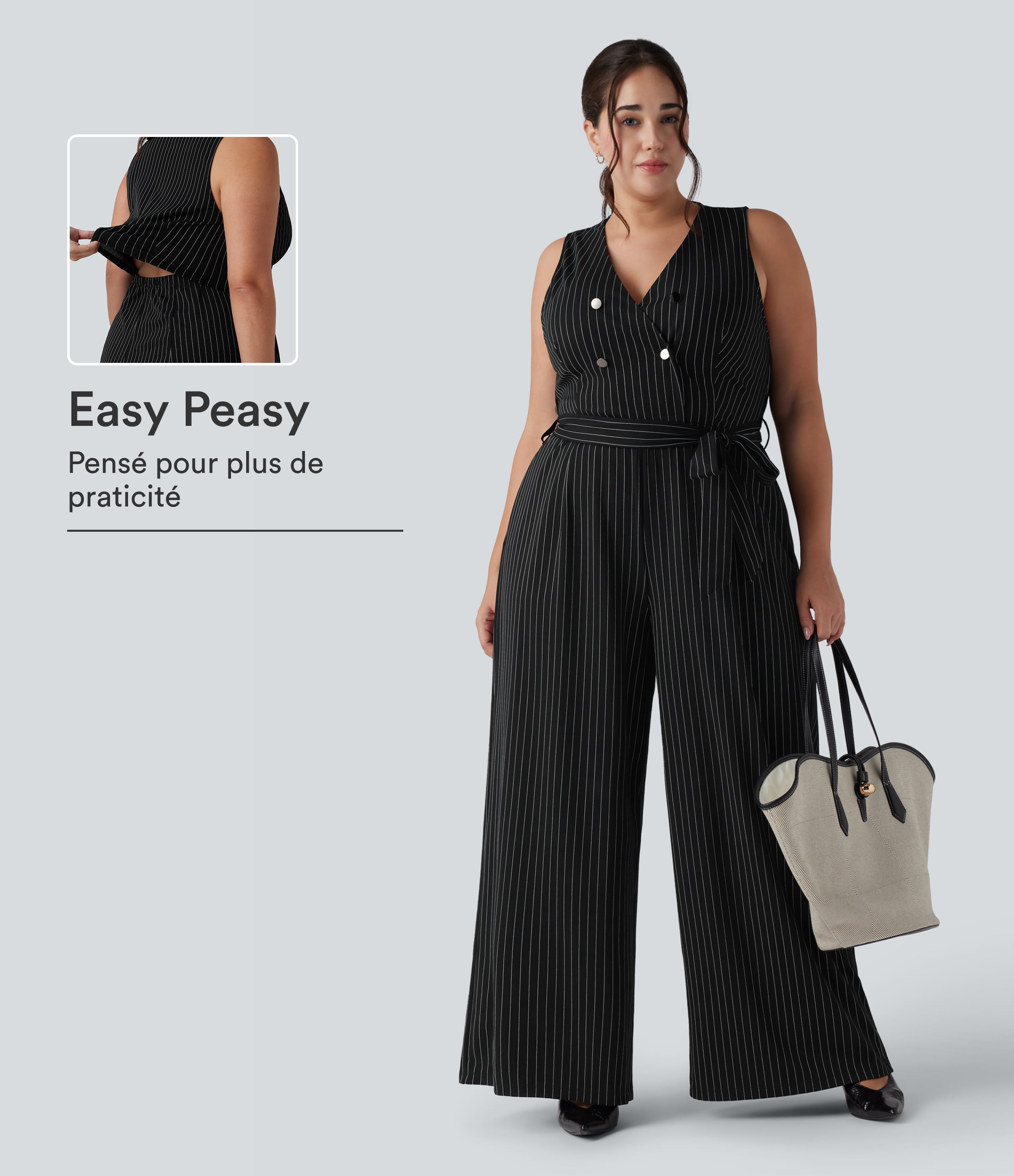 Combinaison grande taille col V sans manches ceinturée à rayures effet frais InstantCool avec poches, accès facile Easy Peasy