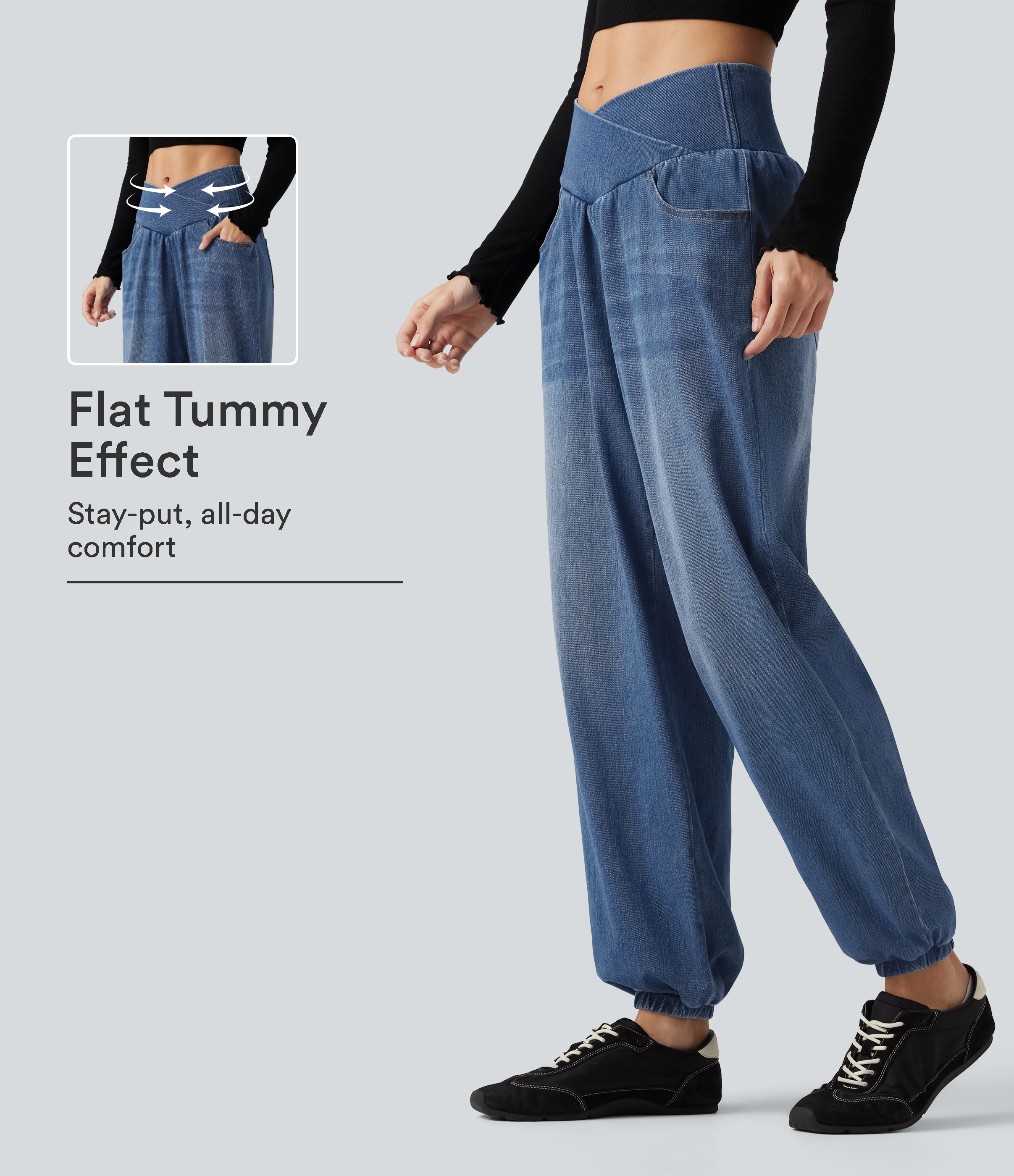 Tide Blue Denim Halara Flex™ Denim-Jogger mit hoher Taille, überkreuztem Bund, bauchformender Unterstützung und Taschen / 1