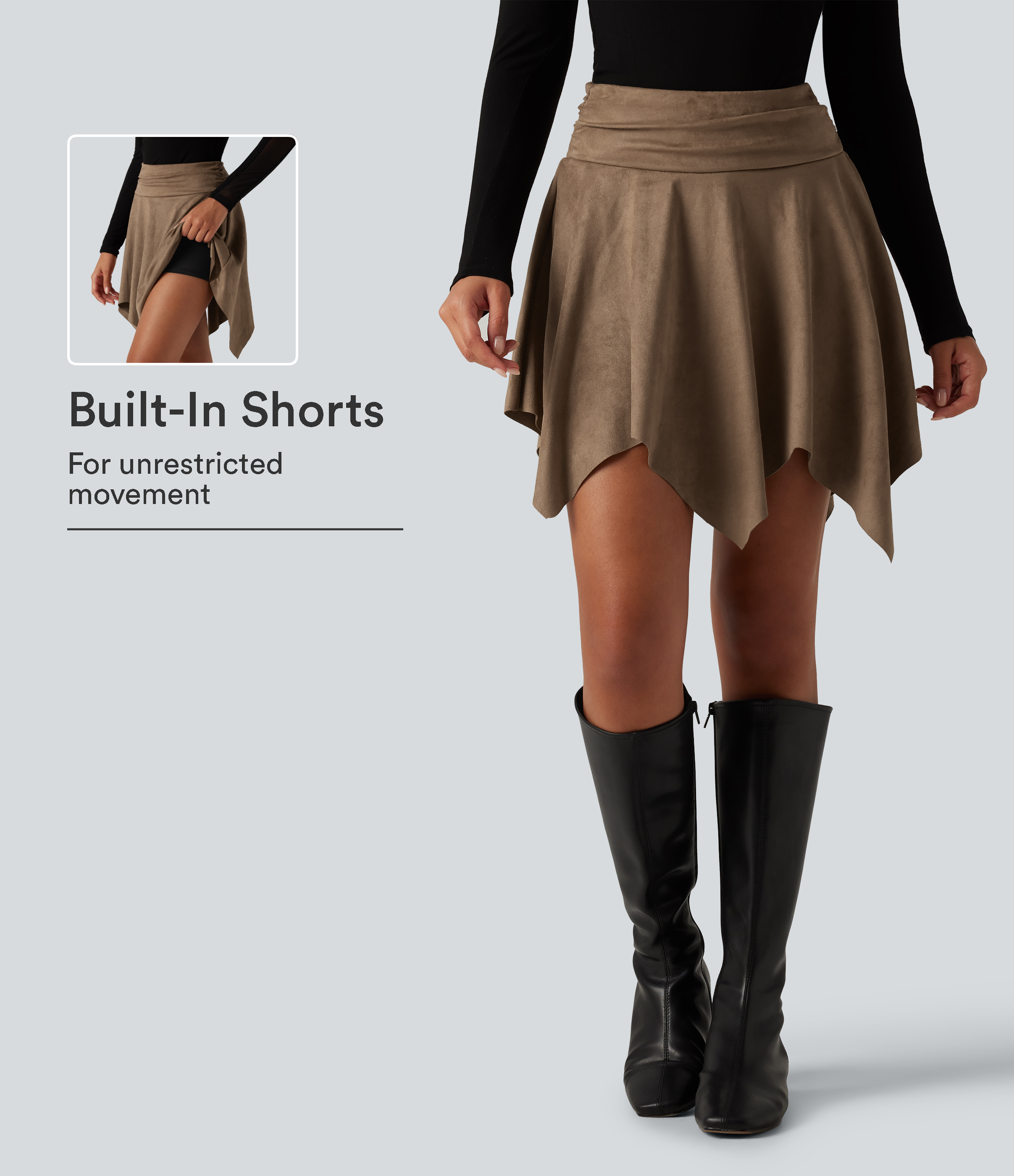 High Waisted Ruched Asymmetric A Line 2-in-1 Suede Mini Casual Skirt