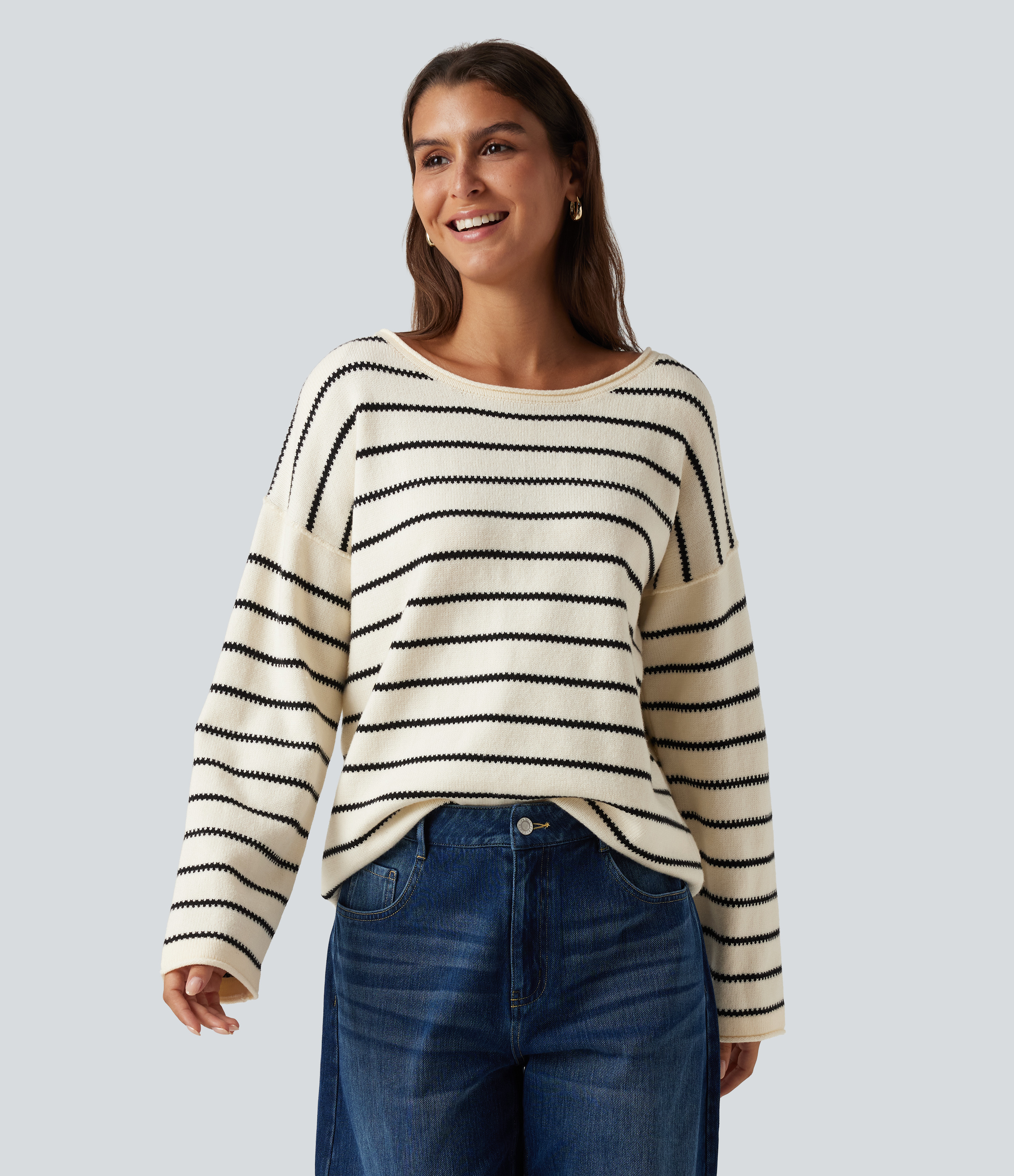Boat Neck Long Sleeve Stripe Rolled Hem Oversized Casual Sweater