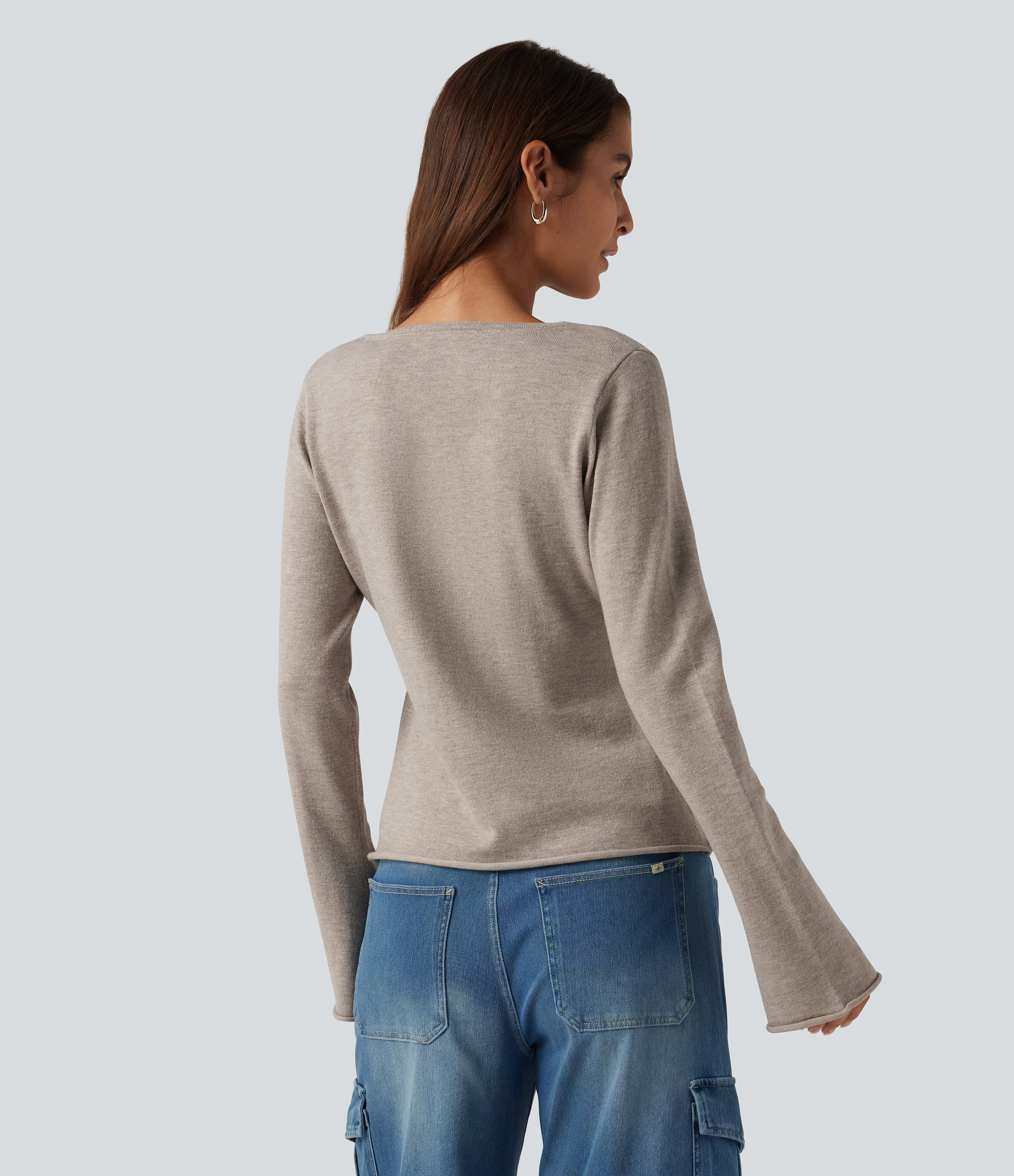 Silver Gray V Neck Flounce Long Sleeve Rolled Hem Casual Sweater  / 2