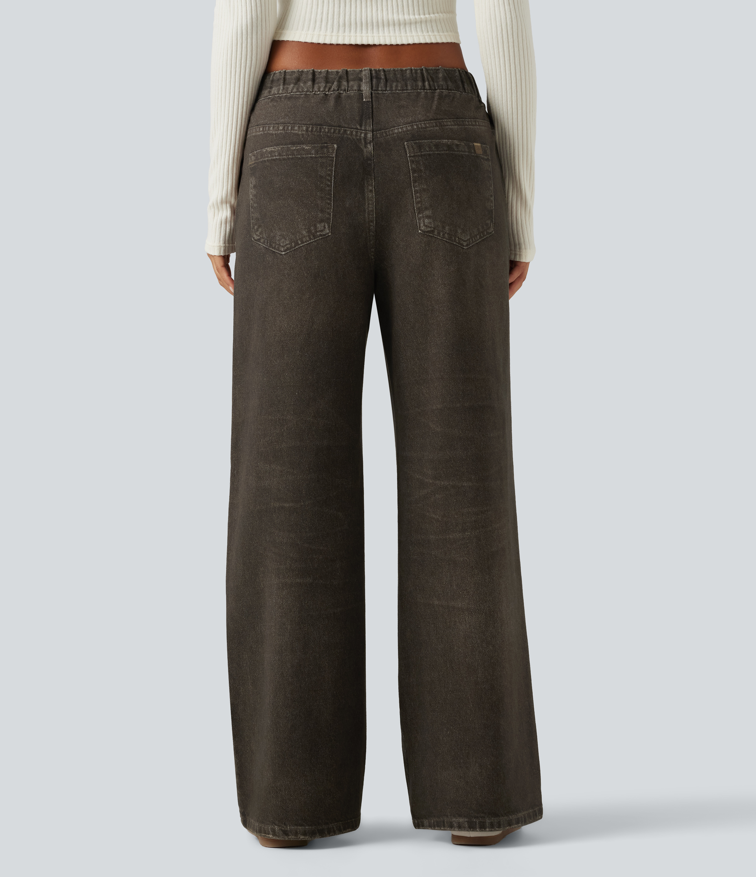 Toasted Chestnut Mid Rise Wide Leg Denim Print French Terry Casual Jeans with Pockets / 2