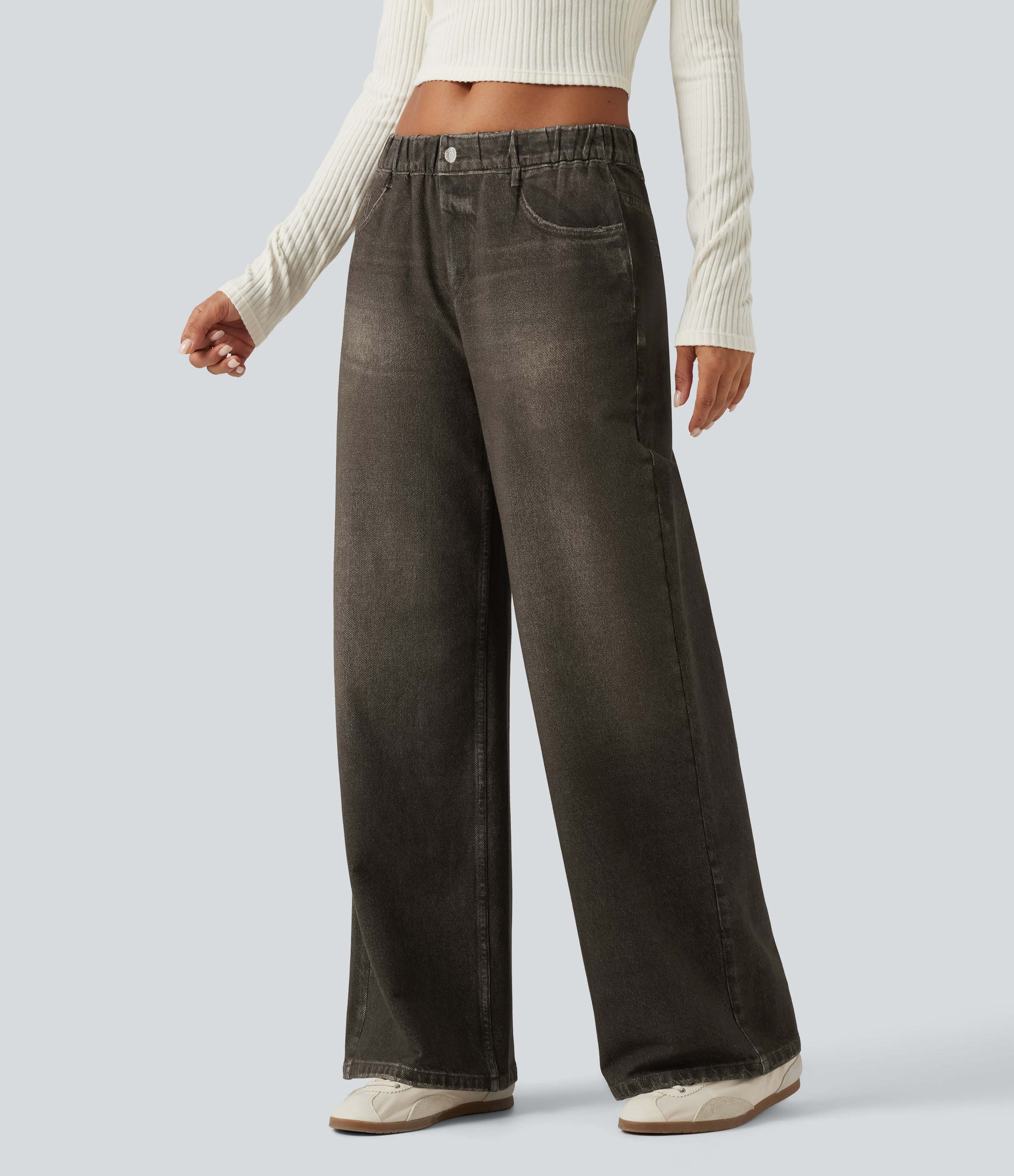 Mid Rise Wide Leg Denim Print French Terry Casual Jeans with Pockets