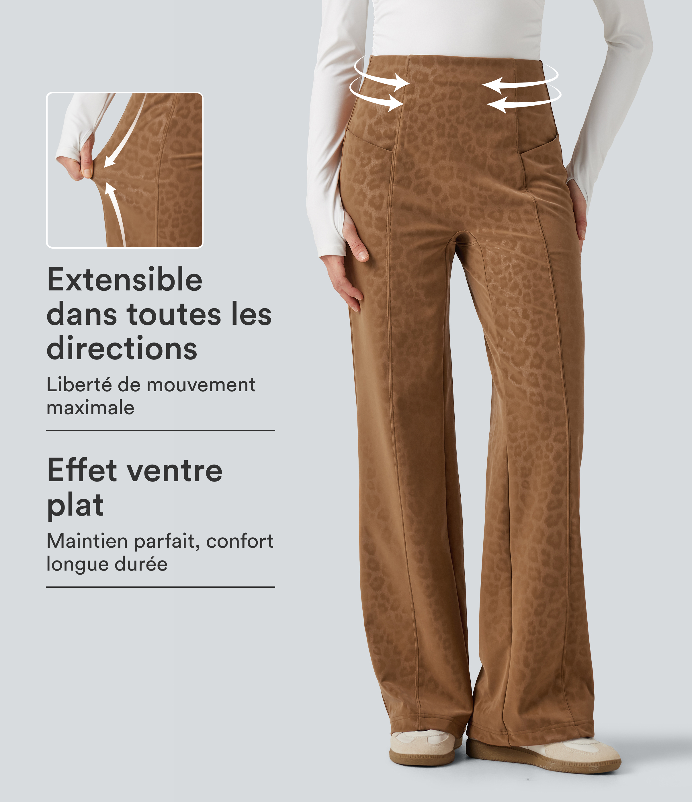 Pantalon flare gainant taille haute en simili stretch doublé polaire imprimé léopard avec poches