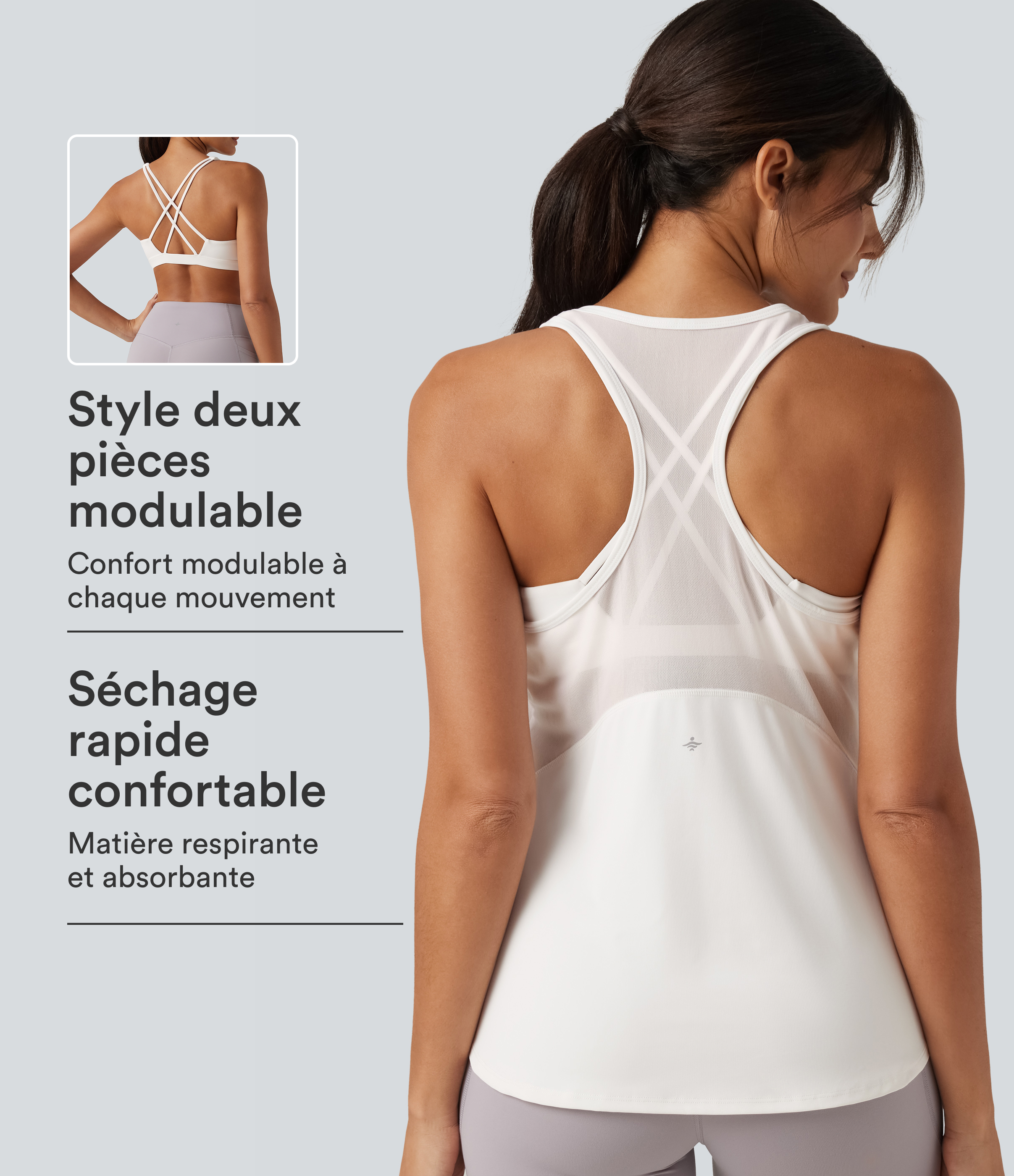 Blanc Débardeur de yoga 2 pièces SoftlyZero™ QuickDry à dos nageur, mesh contrasté et coussinets amovibles / 1