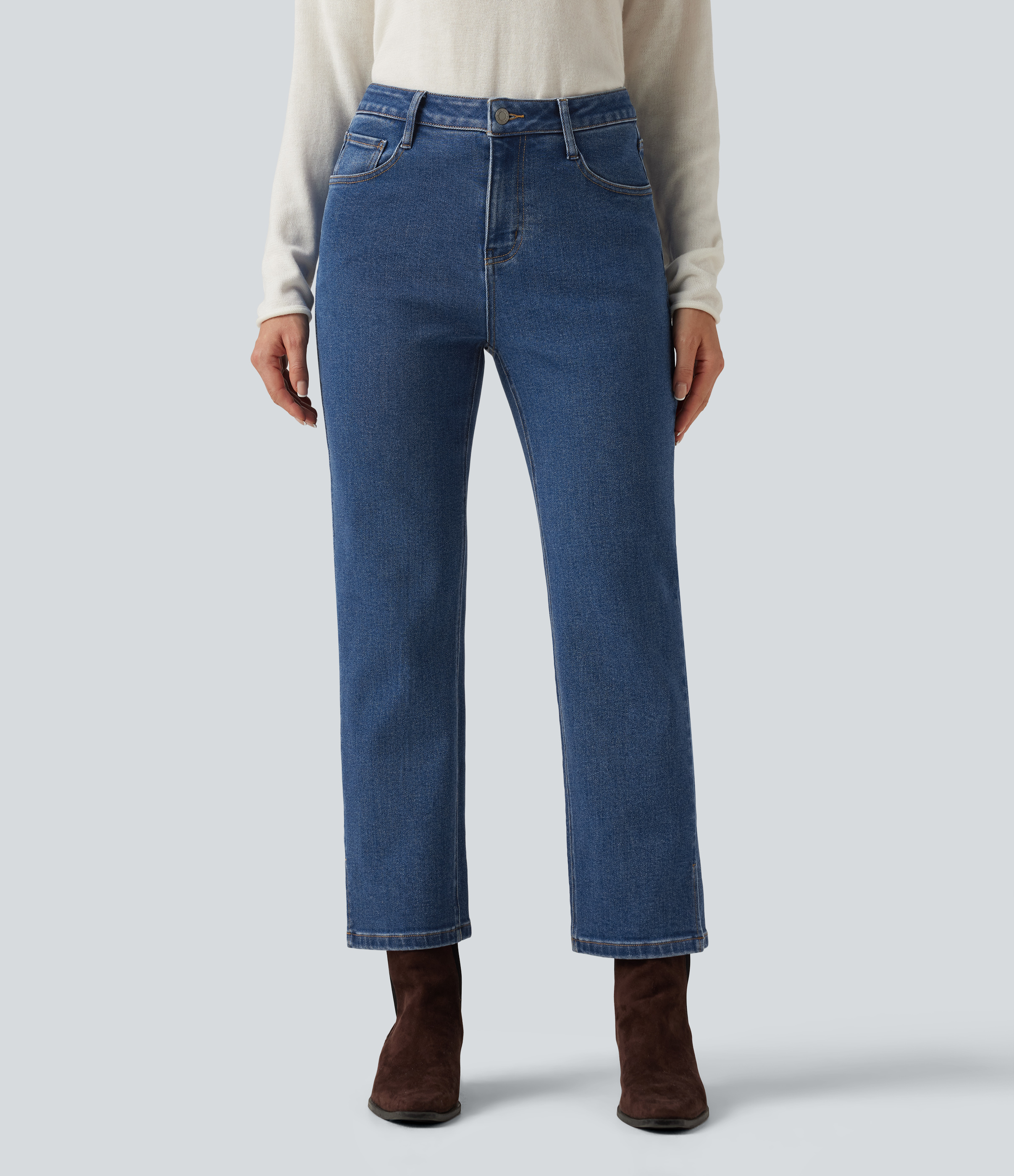 Mid Rise Straight Leg Casual Jeans with Pockets