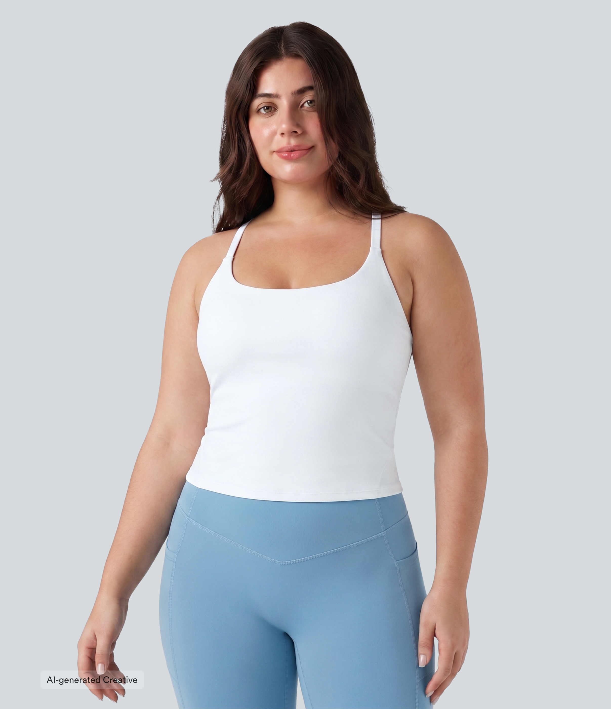 White Plus Size Scoop Neck Crisscross Back Crossover Hem Yoga Cami Top / 2