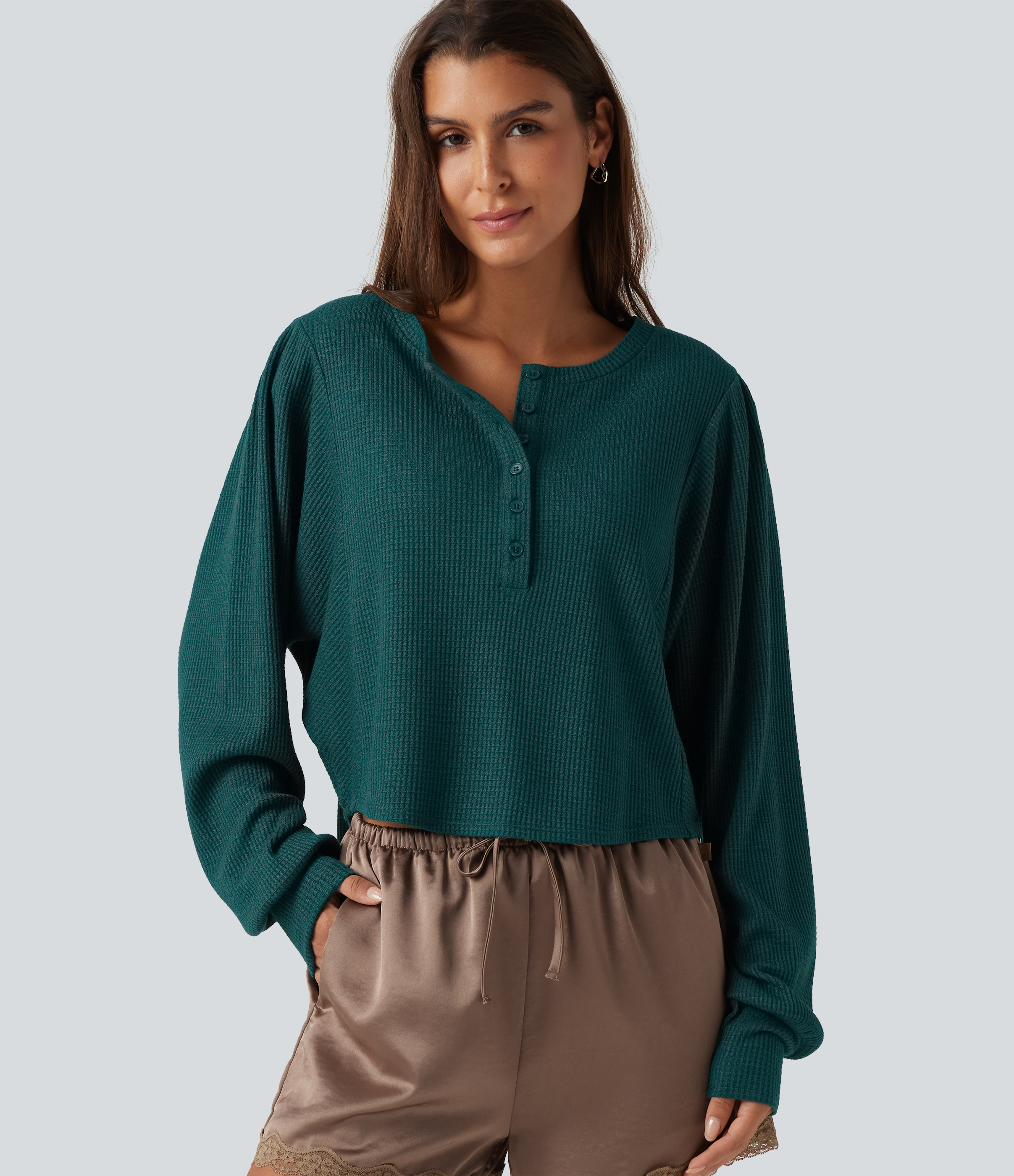 Henley Neck Long Sleeve Ruched Curved Hem Waffle Lounge Top