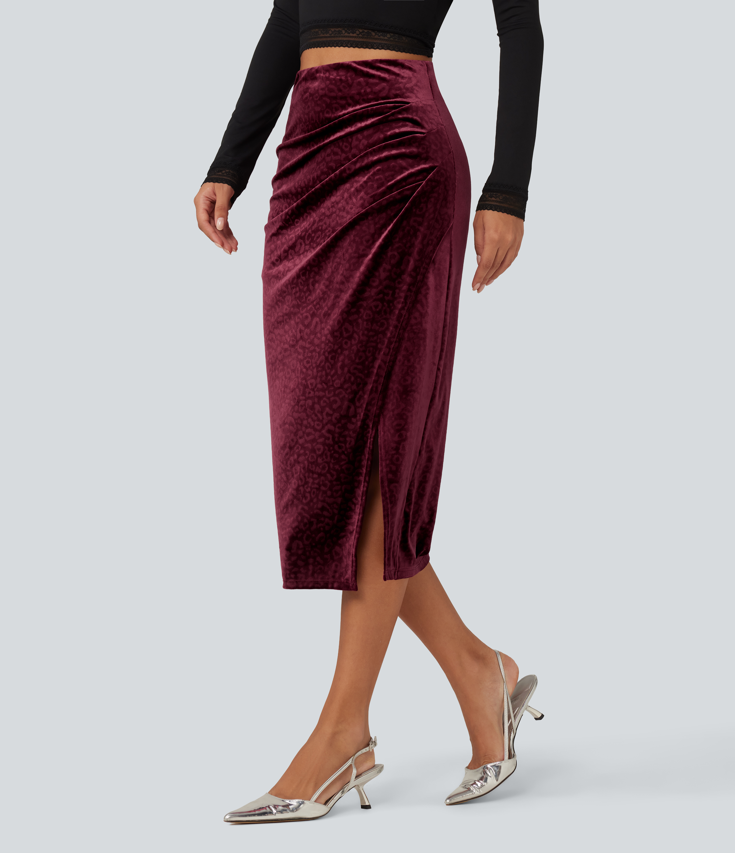 High Waisted Ruched Asymmetric Velvet Leopard Print Midi Party Skirt