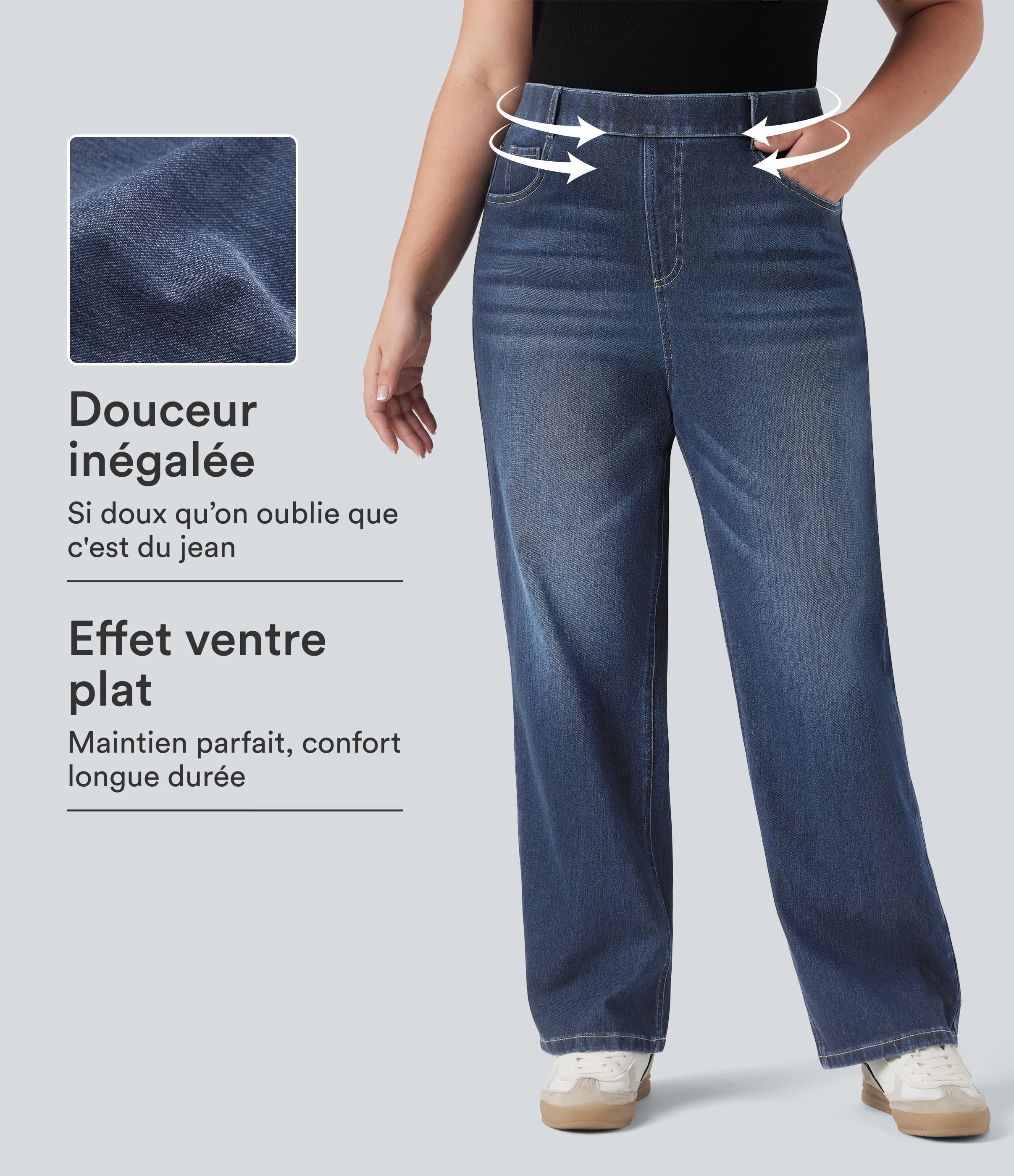Jean droit décontracté délavé gainant taille haute grande taille avec poches Halara Flex™